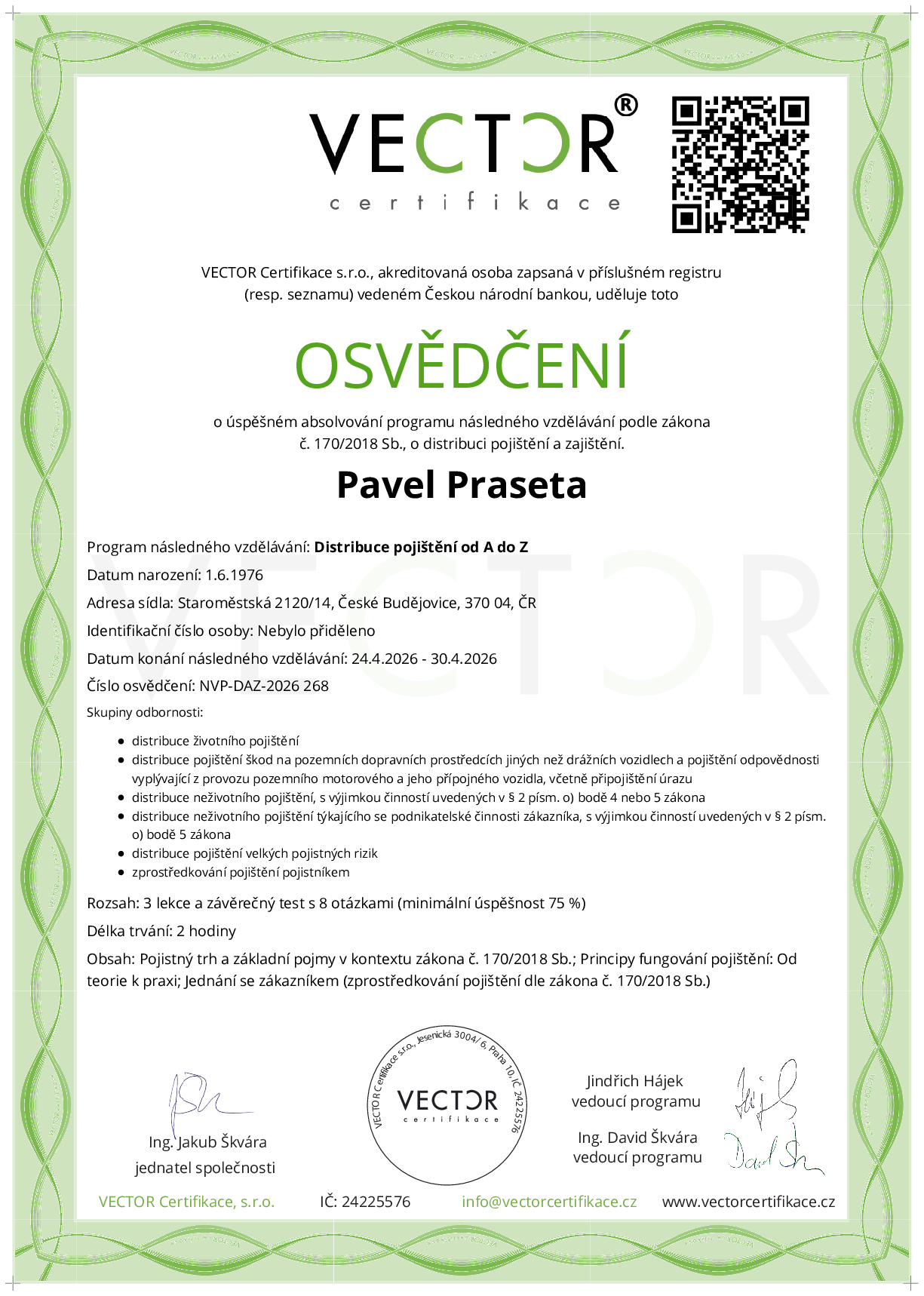 Osvědčení kurzu: Distribuce pojištění od A do Z (NVP-DAZ-2026)