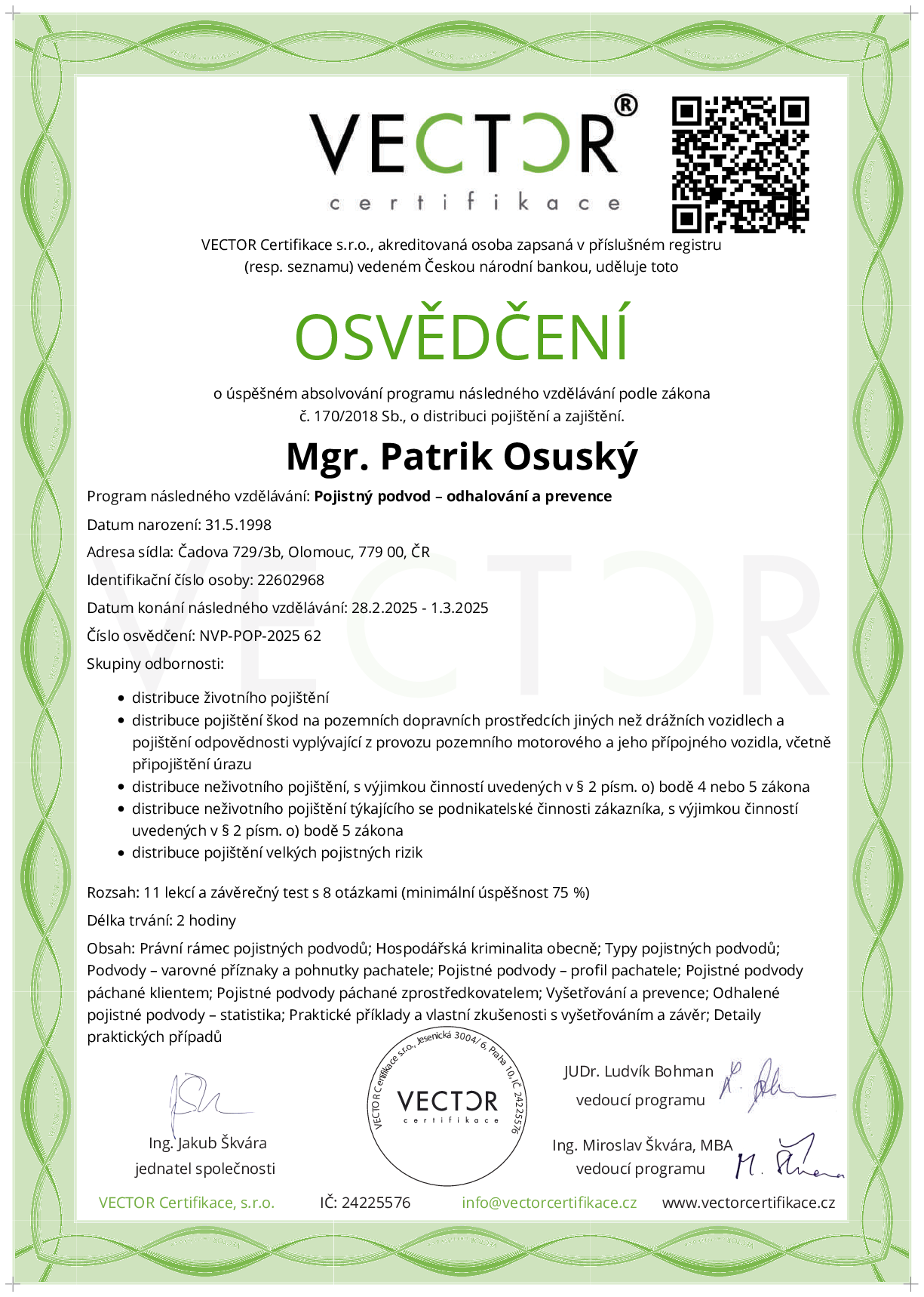 Osvědčení kurzu: Pojistný podvod – odhalování a prevence (NVP-POP-2025)
