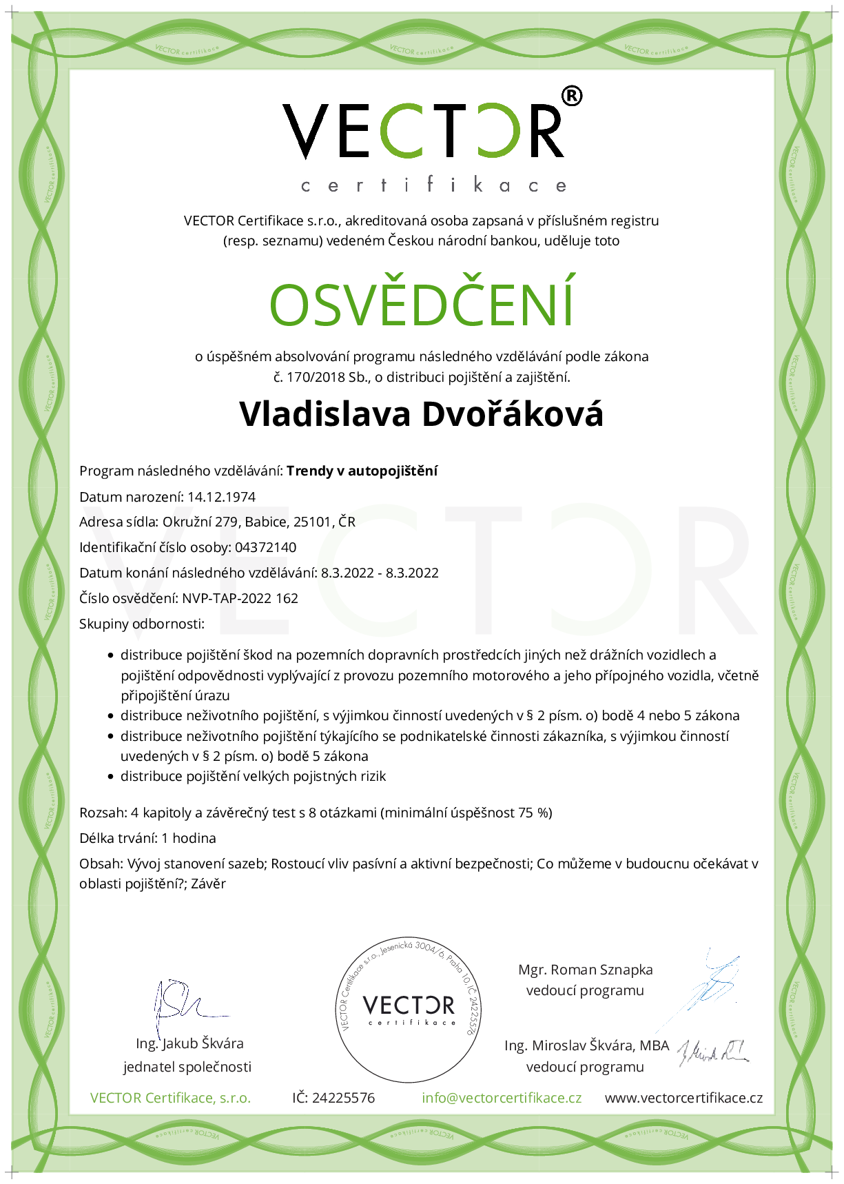 Osvědčení kurzu: Trendy v autopojištění (NVP-TAP-2022)