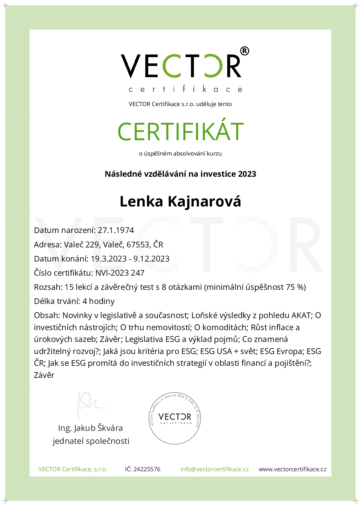 Osvědčení kurzu: Následné vzdělávání na investice 2023 (NVI-2023)