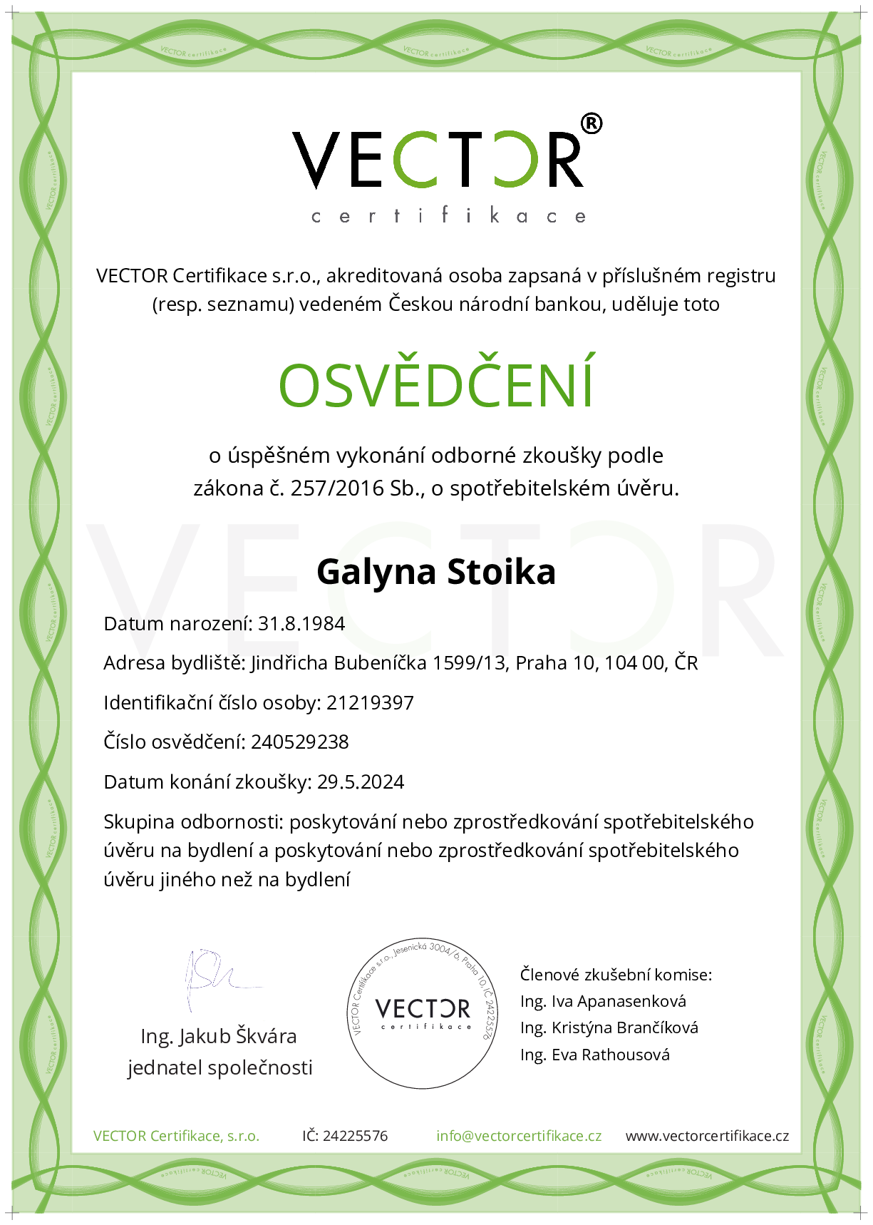 Osvědčení ze zkoušky: IV. ZSU-ABC - Souhrnná zkouška na úvěry