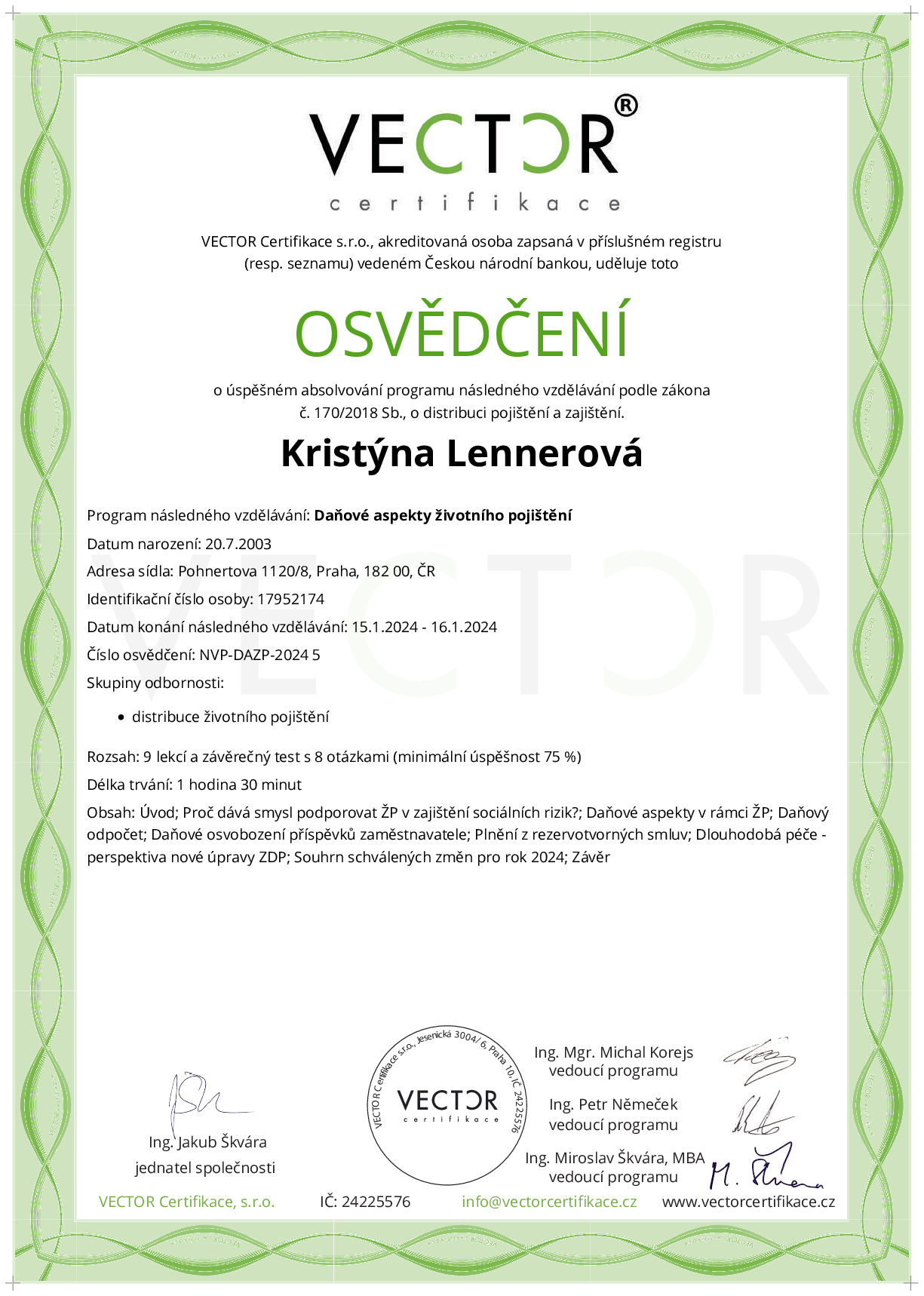 Osvědčení kurzu: Daňové aspekty životního pojištění (NVP-DAZP-2024)