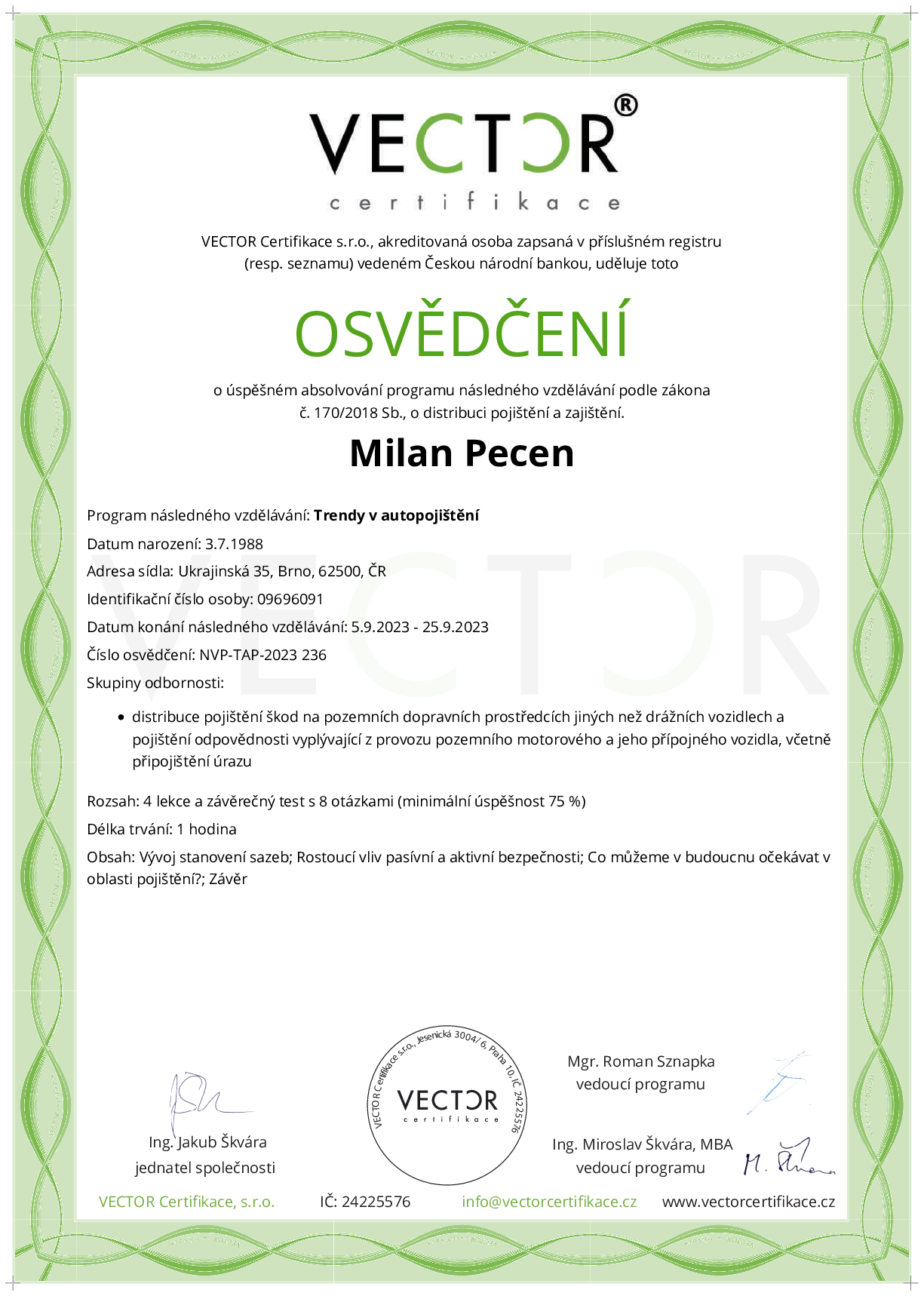 Osvědčení kurzu: Trendy v autopojištění (NVP-TAP-2023)