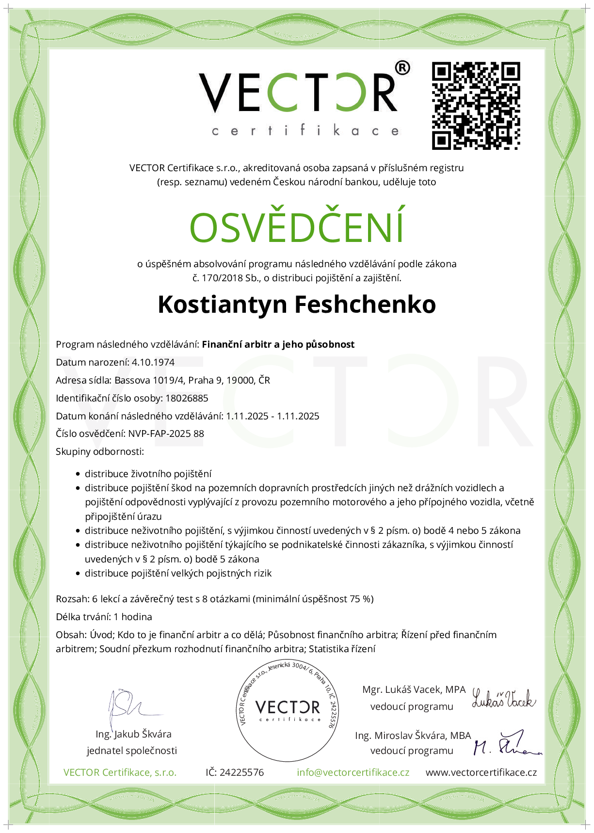 Osvědčení kurzu: Finanční arbitr a jeho působnost (NVP-FAP-2025)