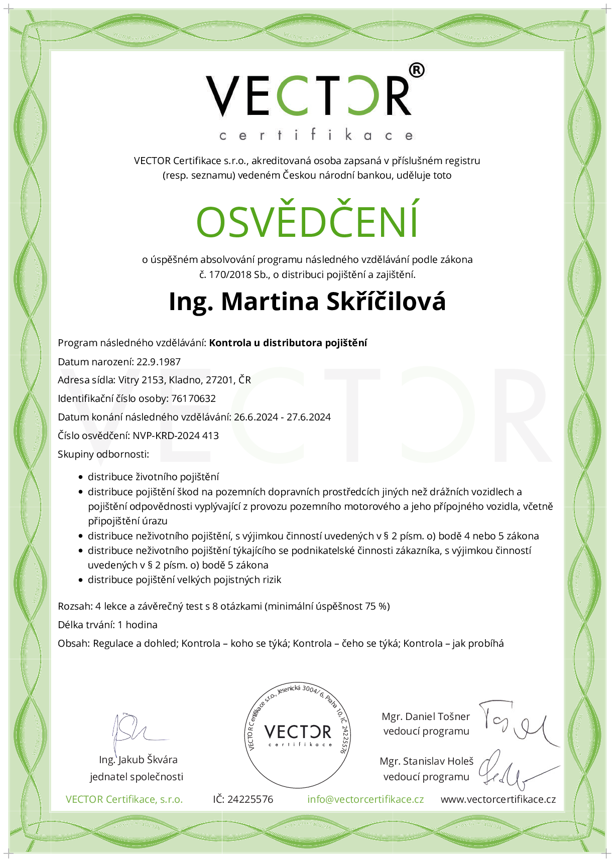 Osvědčení kurzu: Kontrola u distributora pojištění (NVP-KRD-2024)