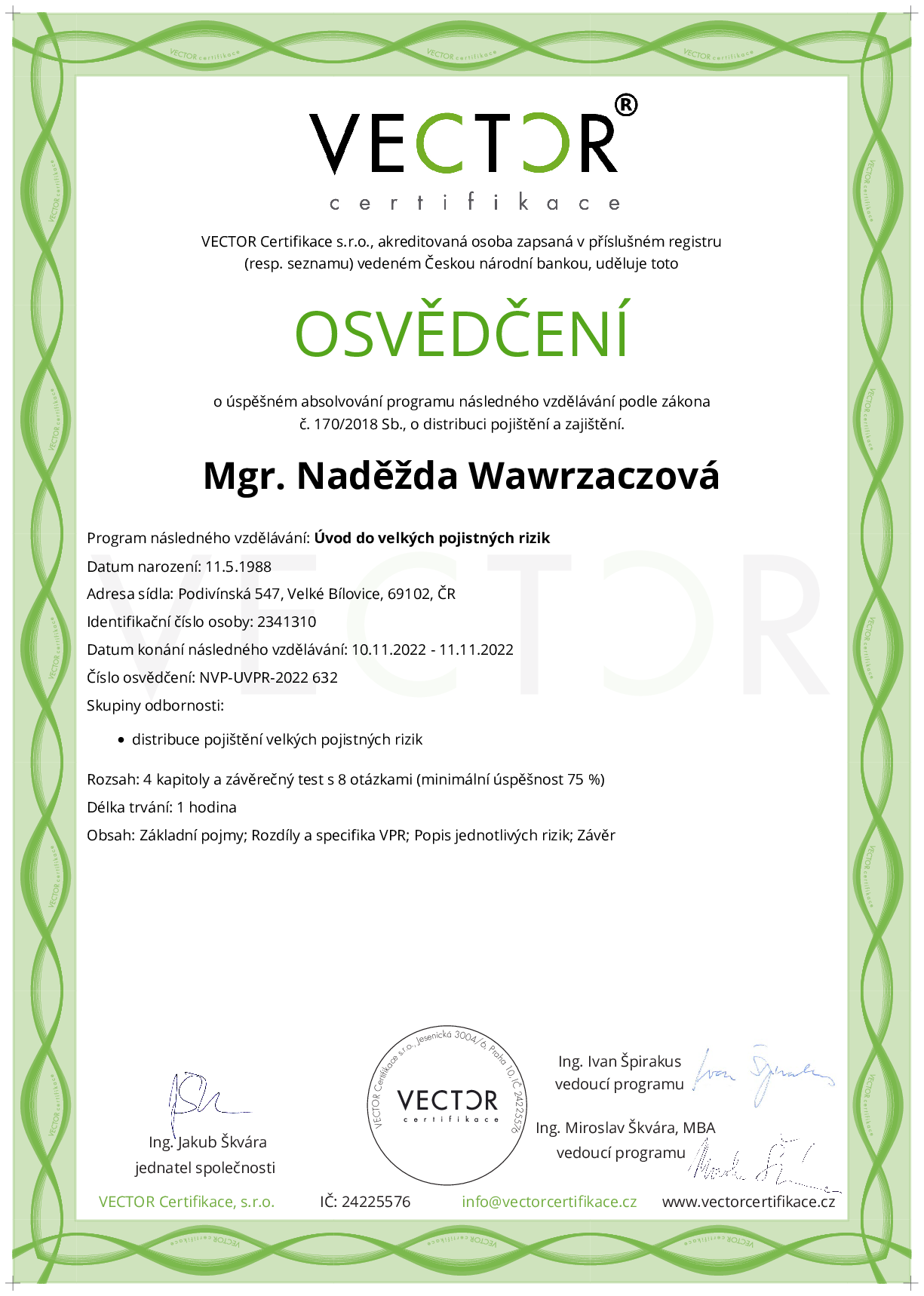 Osvědčení kurzu: Úvod do velkých pojistných rizik (NVP-UVPR-2022)