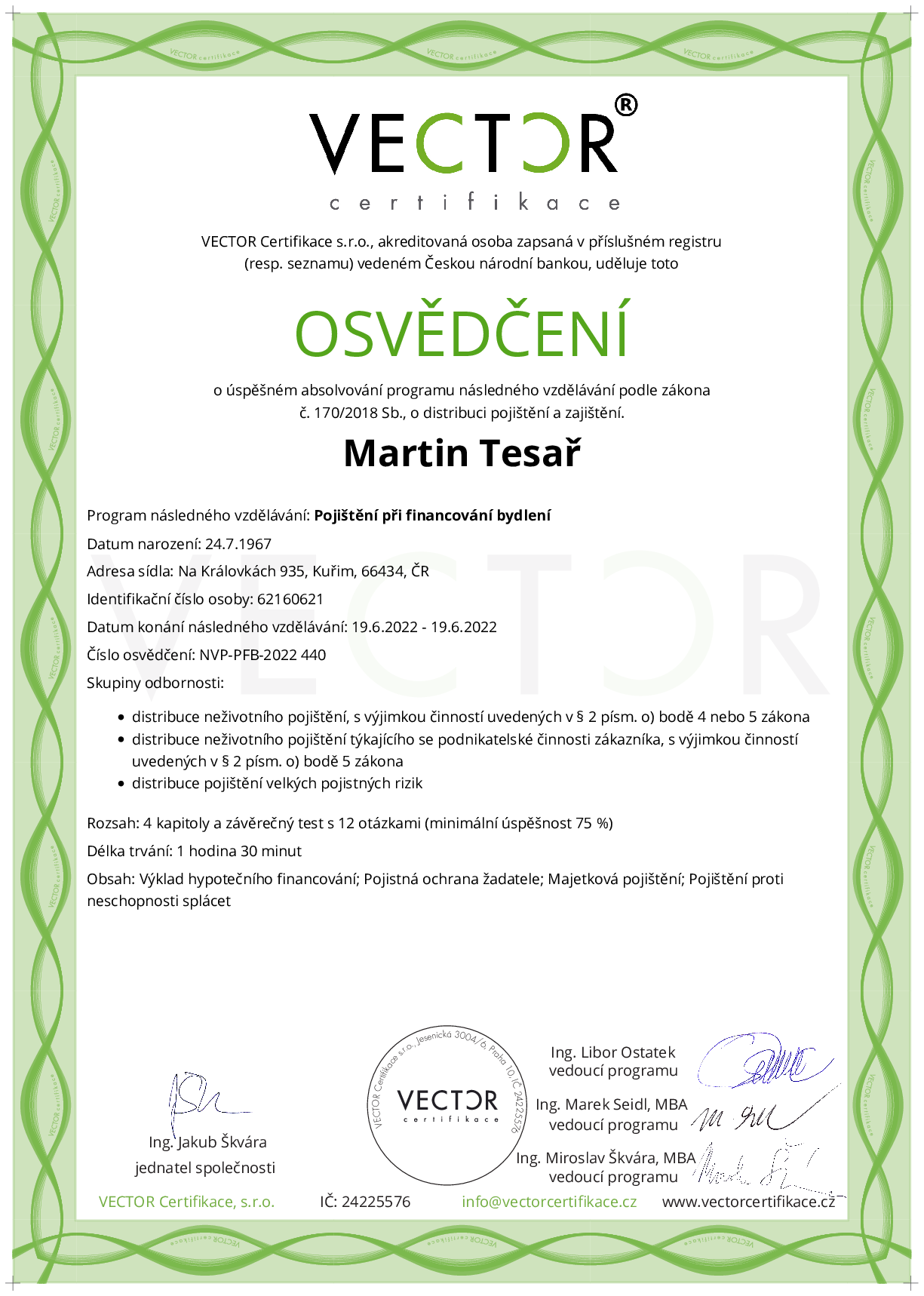 Osvědčení kurzu: Pojištění při financování bydlení (NVP-PFB-2022)