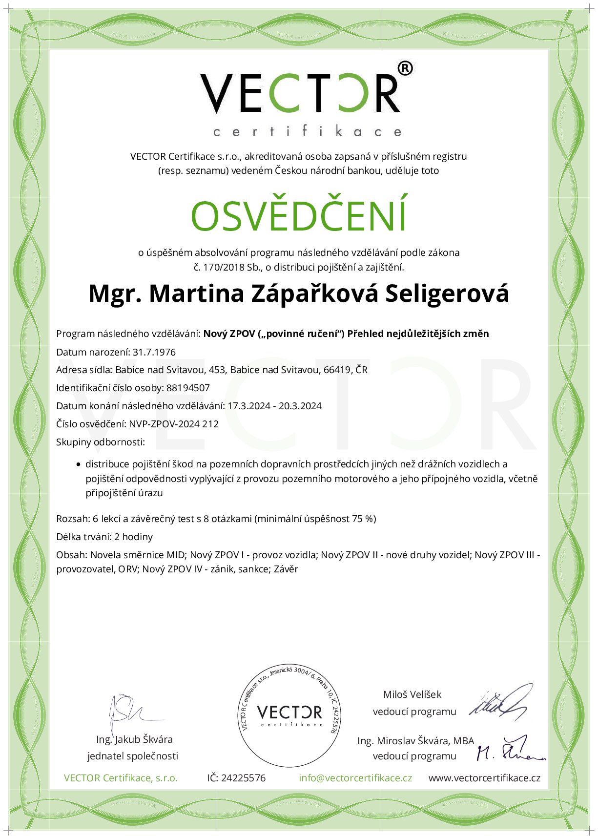 Osvědčení kurzu: Nový ZPOV („povinné ručení“) Přehled nejdůležitějších změn (NVP-ZPOV-2024)