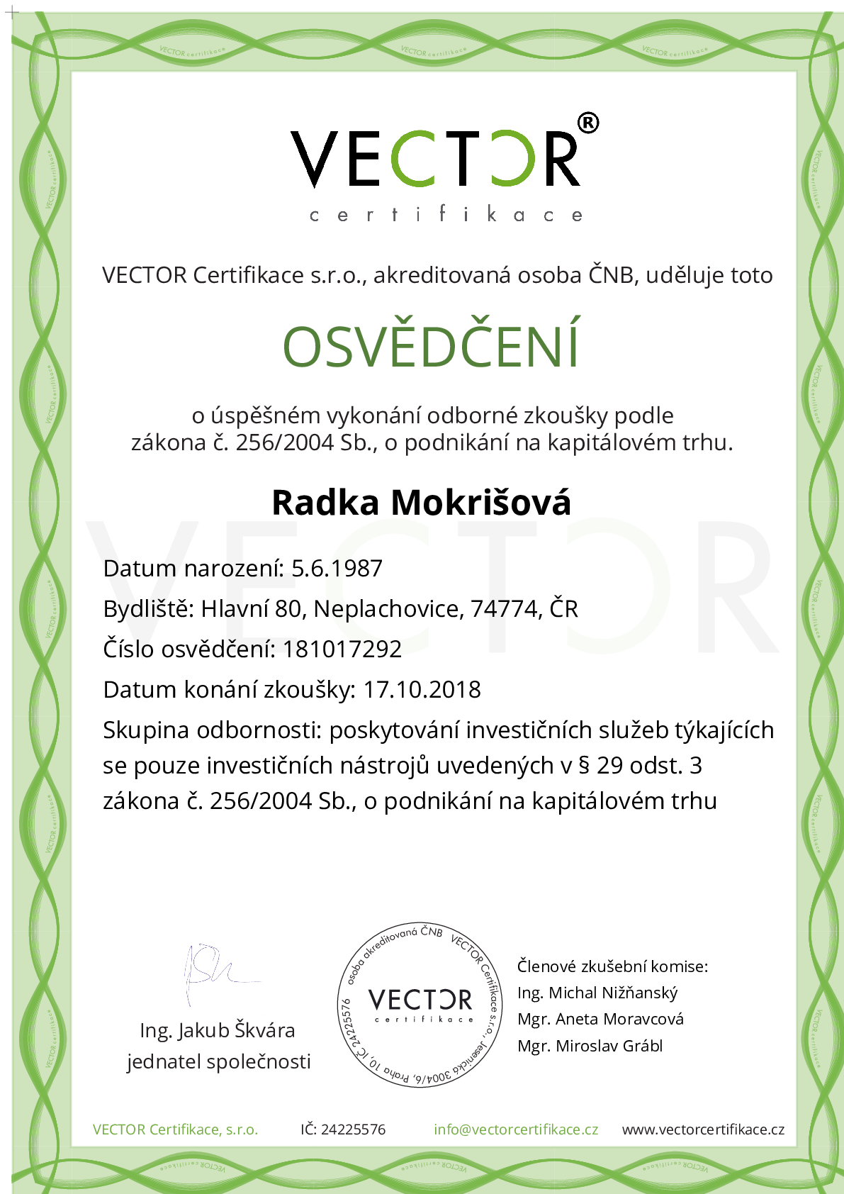 Osvědčení ze zkoušky: I. INV-ZPR - Investiční zprostředkovatel