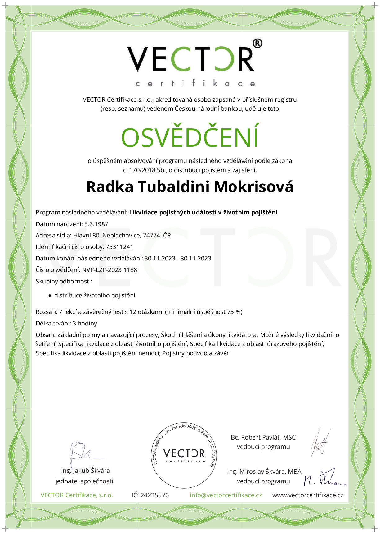 Osvědčení kurzu: Likvidace pojistných událostí v životním pojištění (NVP-LZP-2023)