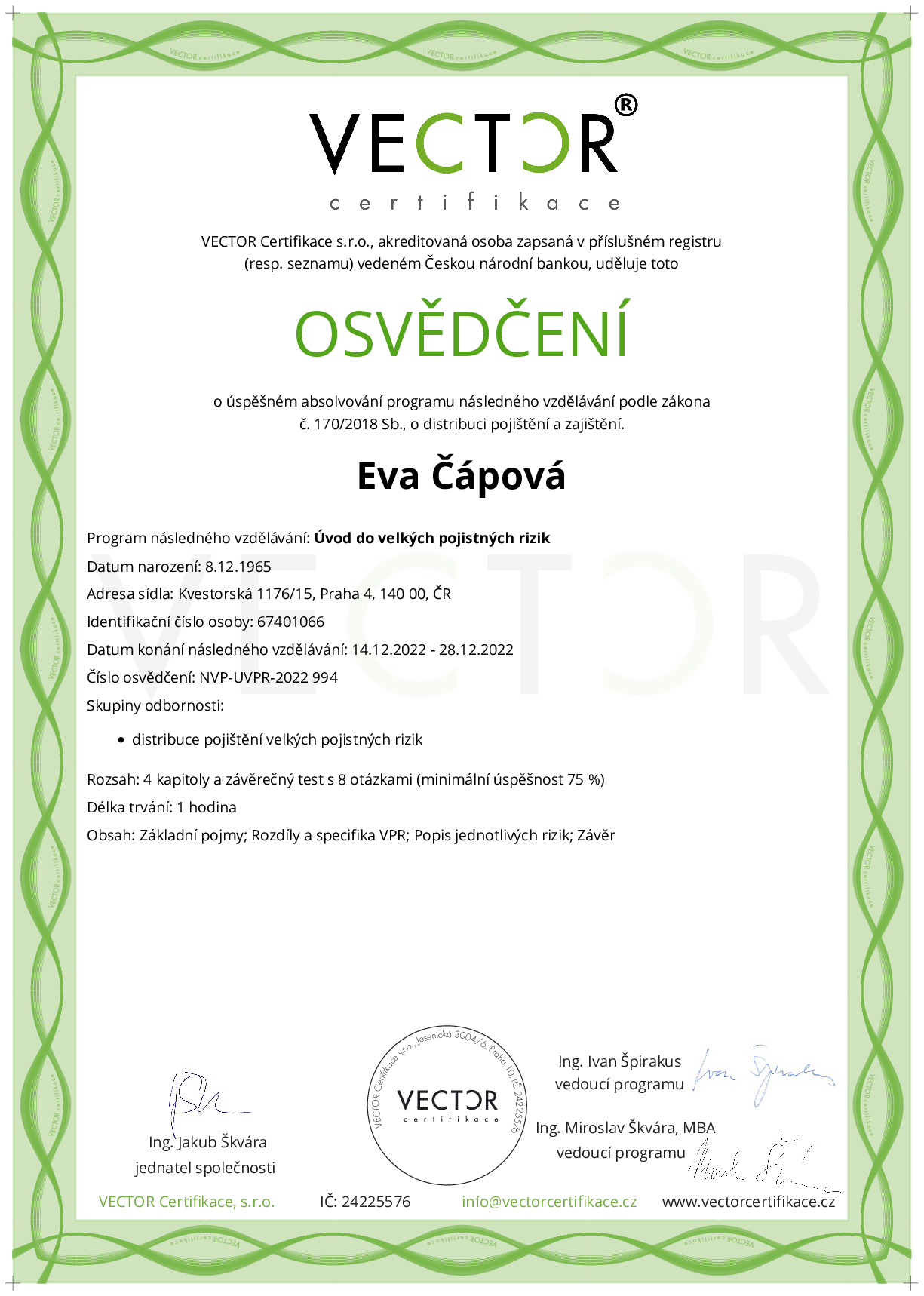 Osvědčení kurzu: Úvod do velkých pojistných rizik (NVP-UVPR-2022)