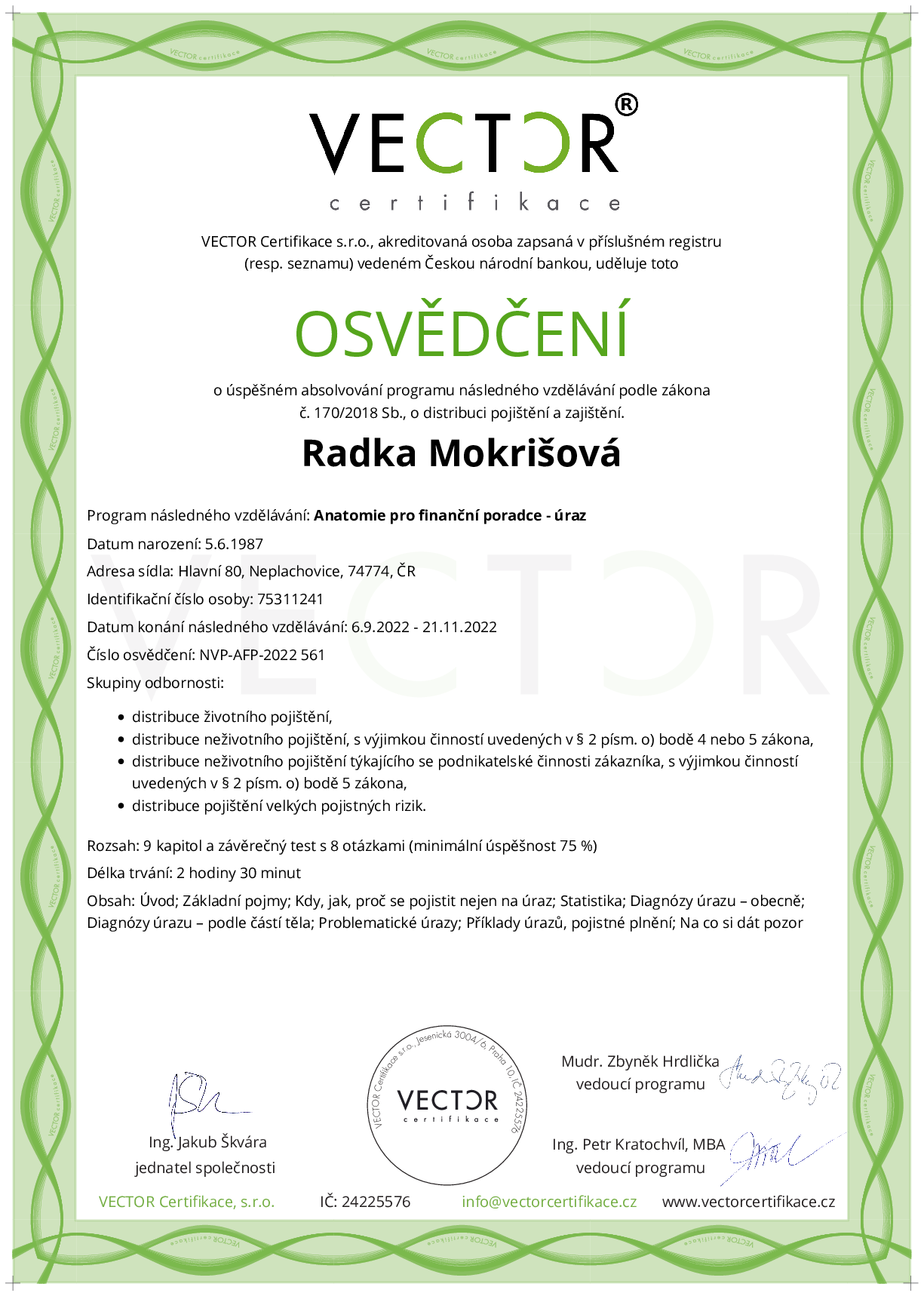 Osvědčení kurzu: Anatomie pro finanční poradce - úraz (NVP-AFP-2022)