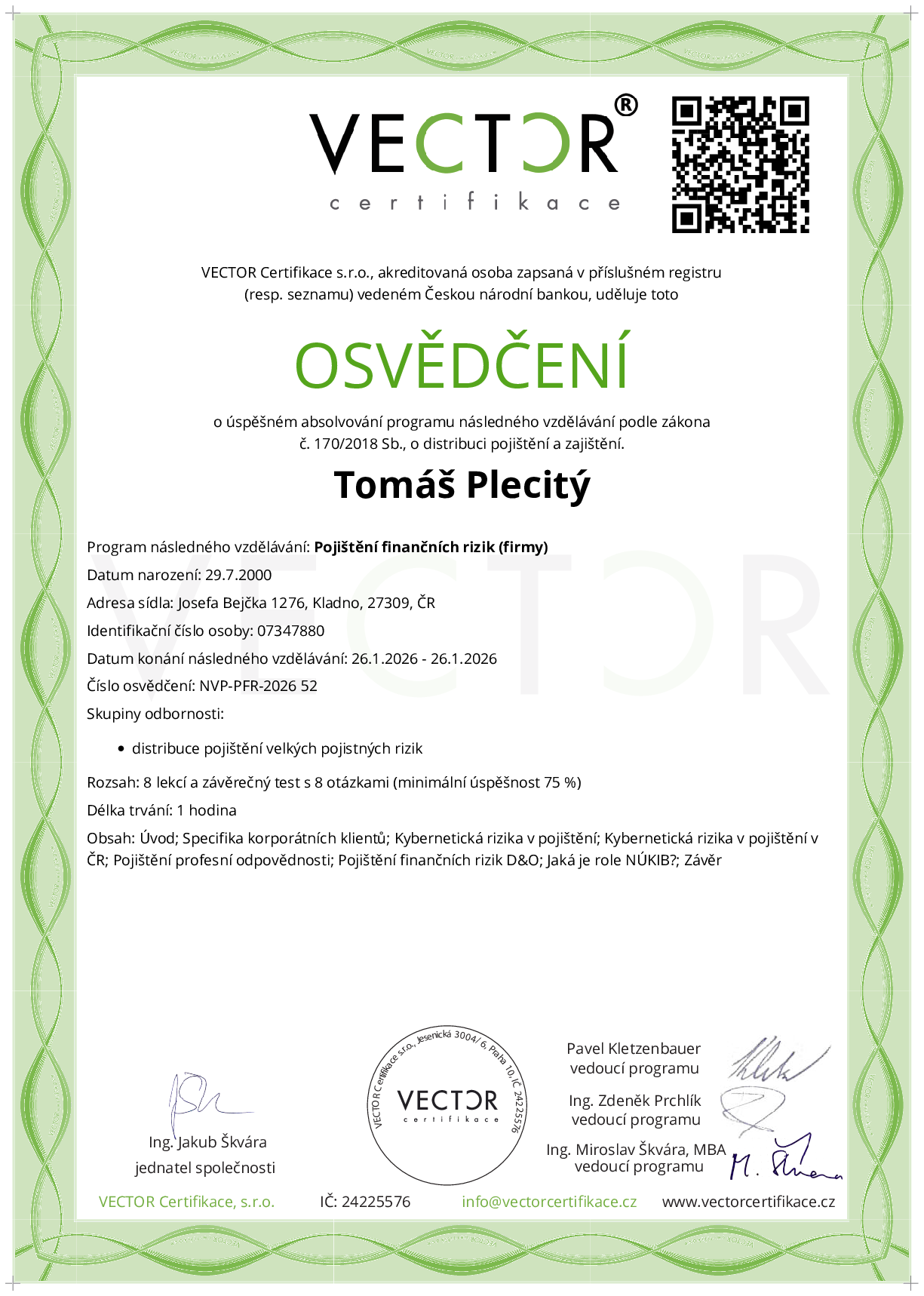 Osvědčení kurzu: Pojištění finančních rizik (firmy) (NVP-PFR-2026)