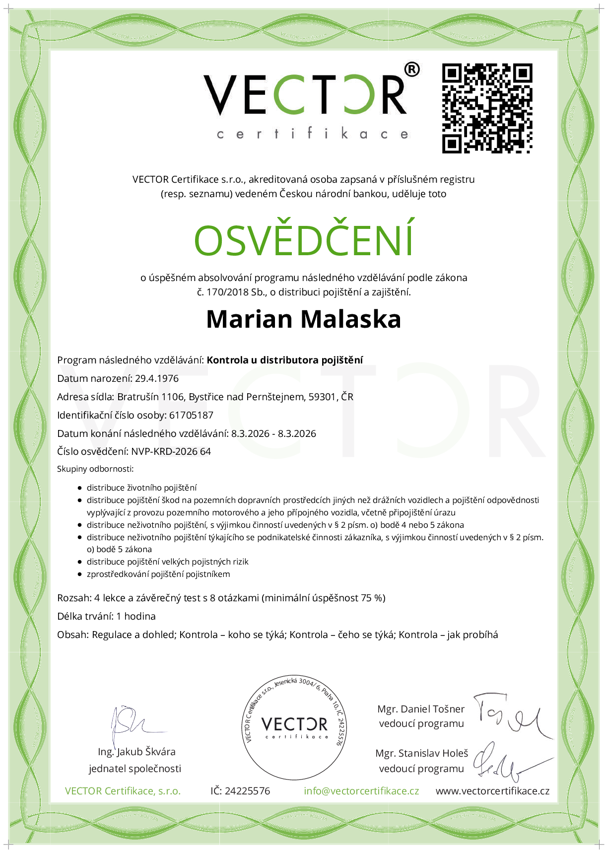 Osvědčení kurzu: Kontrola u distributora pojištění (NVP-KRD-2026)