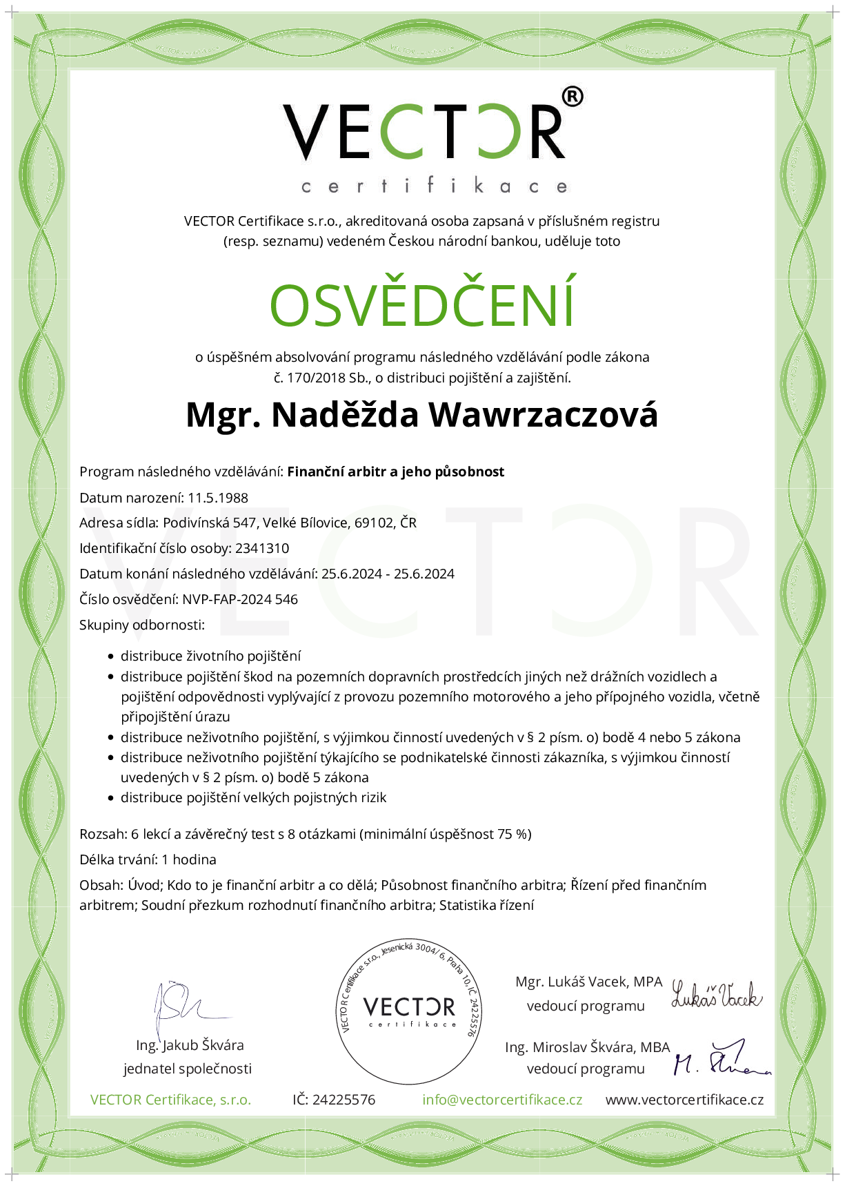 Osvědčení kurzu: Finanční arbitr a jeho působnost (NVP-FAP-2024)