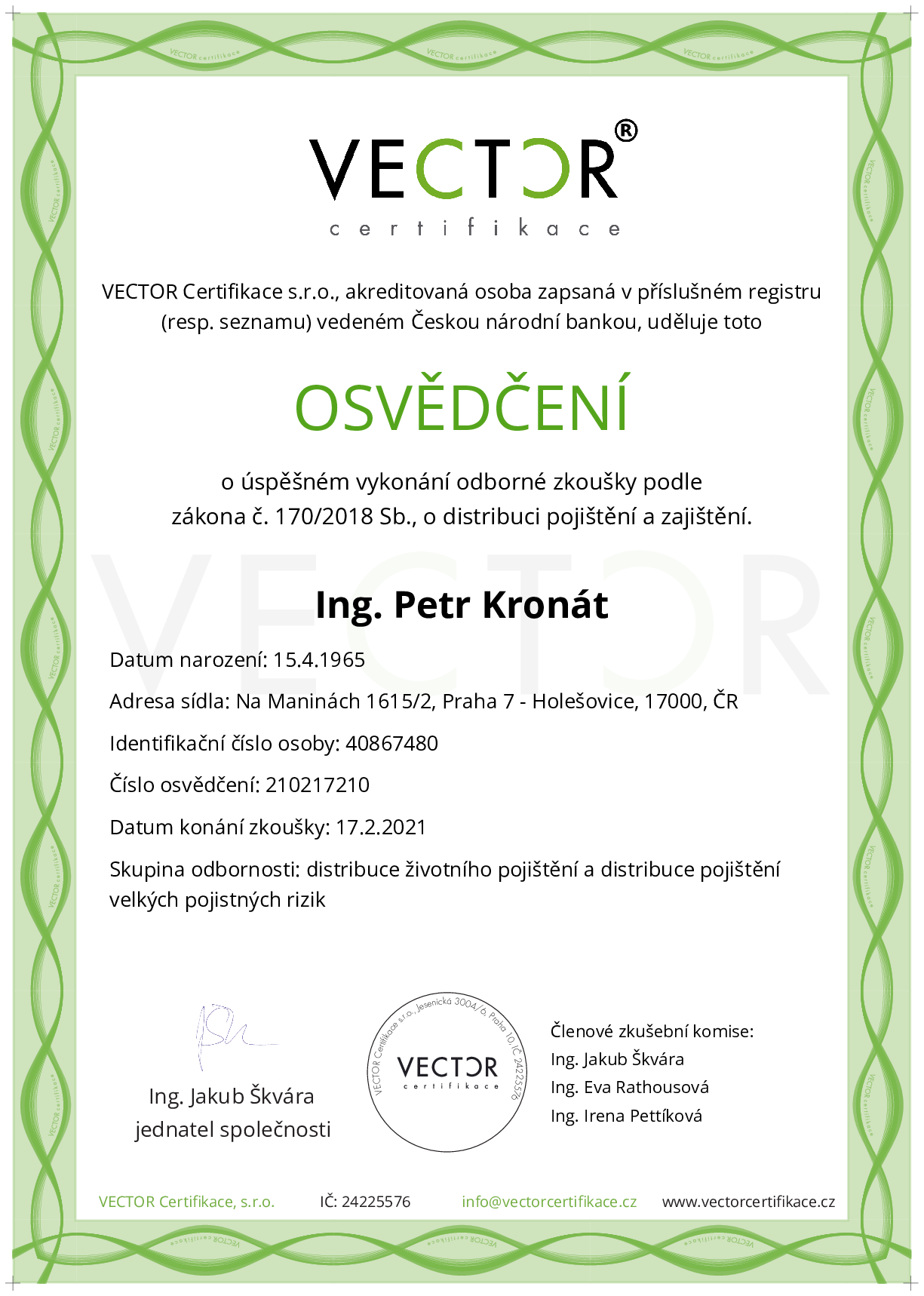 Osvědčení ze zkoušky: IX. POJ-ABC - Souhrnná zkouška na pojištění