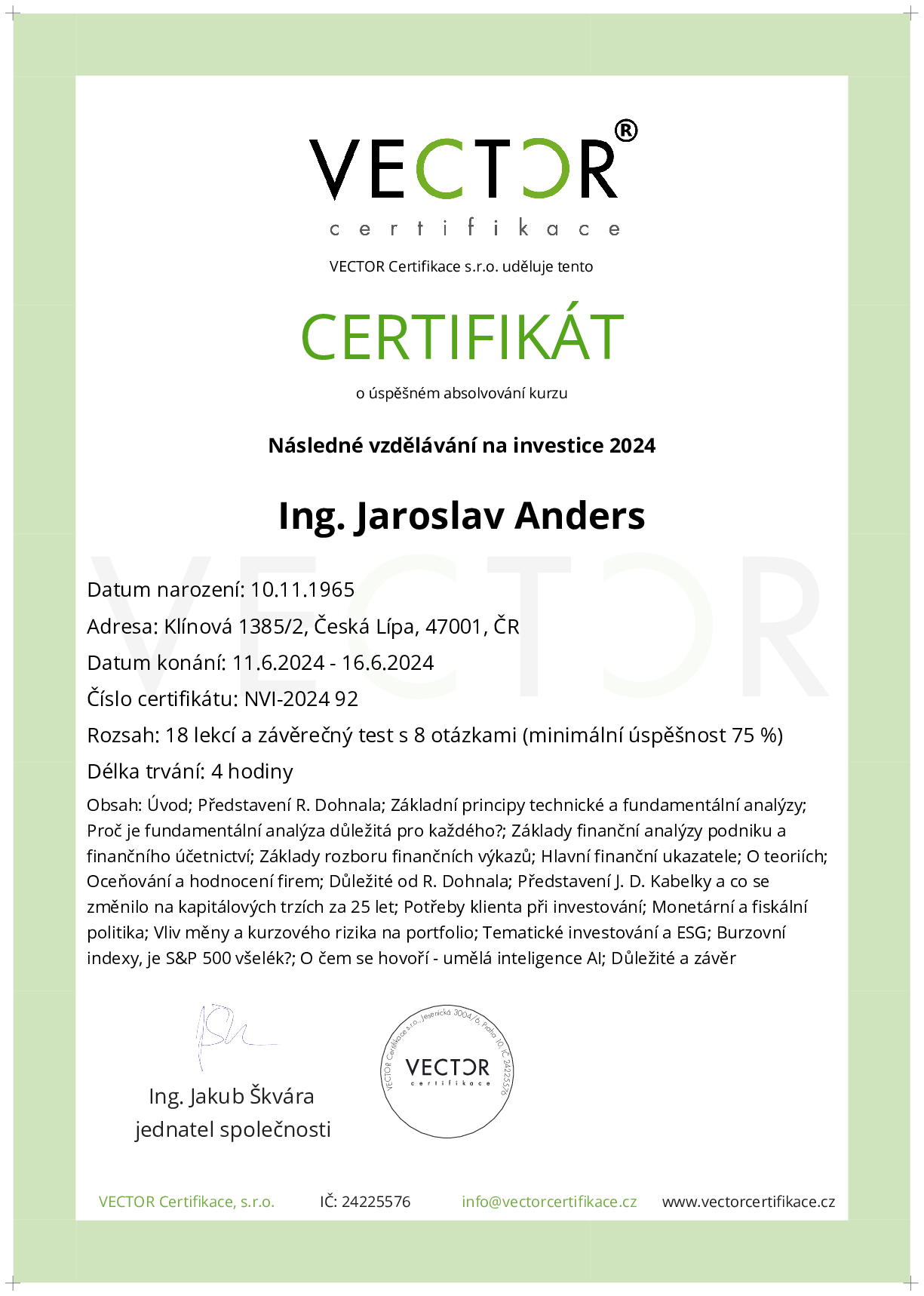 Osvědčení kurzu: Následné vzdělávání na investice 2024 (NVI-2024)