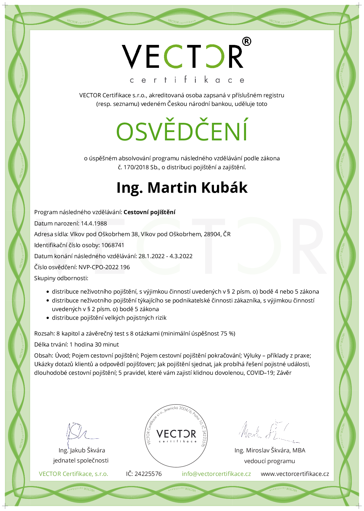 Osvědčení kurzu: Cestovní pojištění (NVP-CPO-2022)