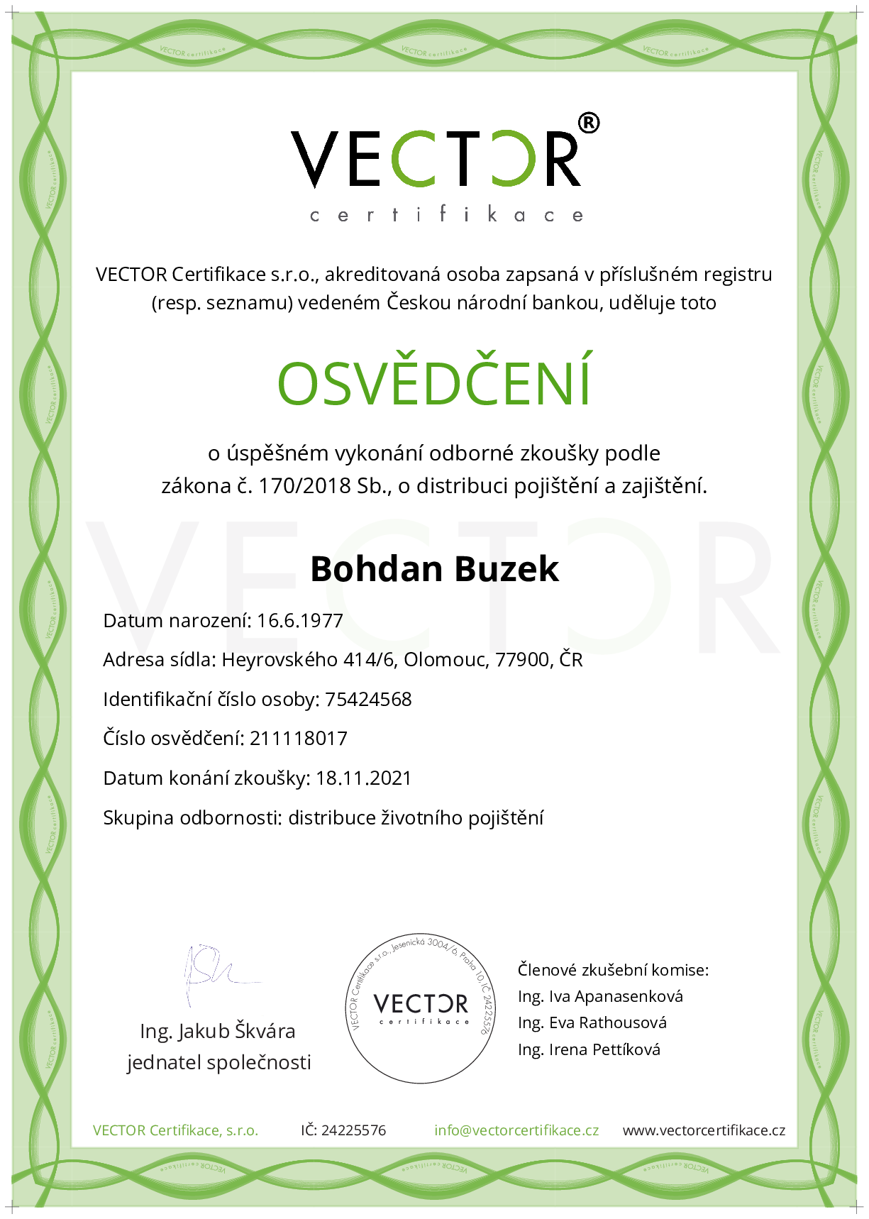 Osvědčení ze zkoušky: I. POJ-ZIV - Životní pojištění