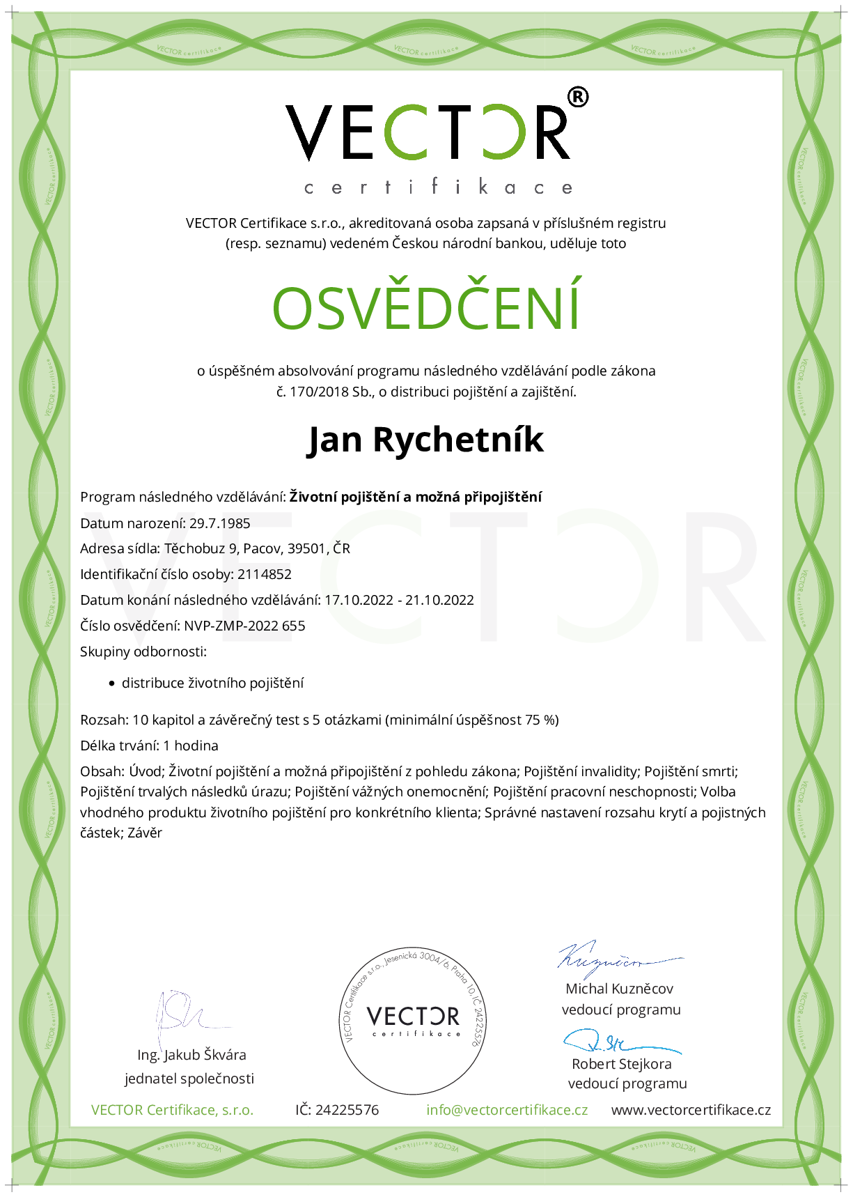 Osvědčení kurzu: Životní pojištění a možná připojištění (NVP-ZMP-2022)