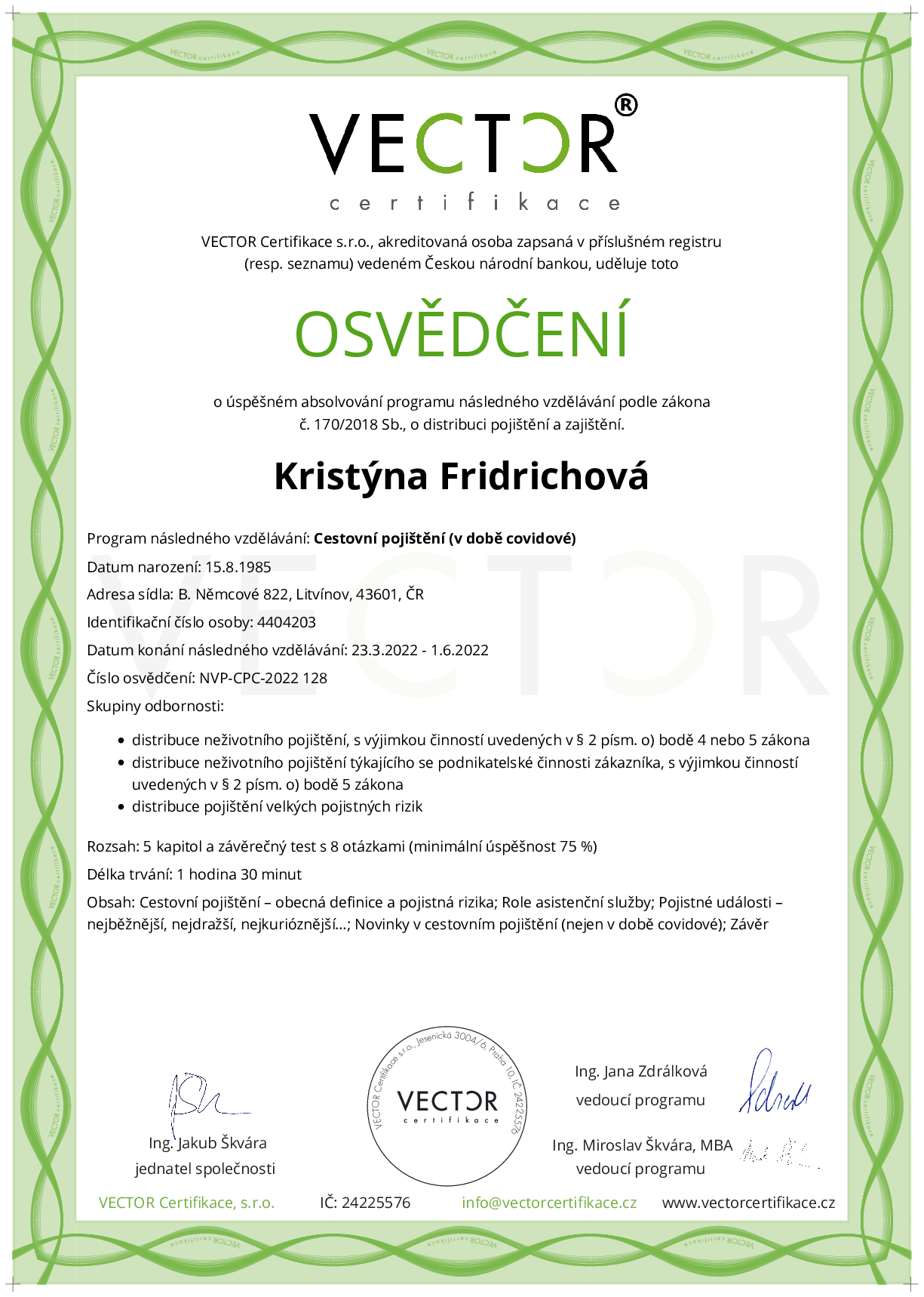 Osvědčení kurzu: Cestovní pojištění (v době covidové) (NVP-CPC-2022)