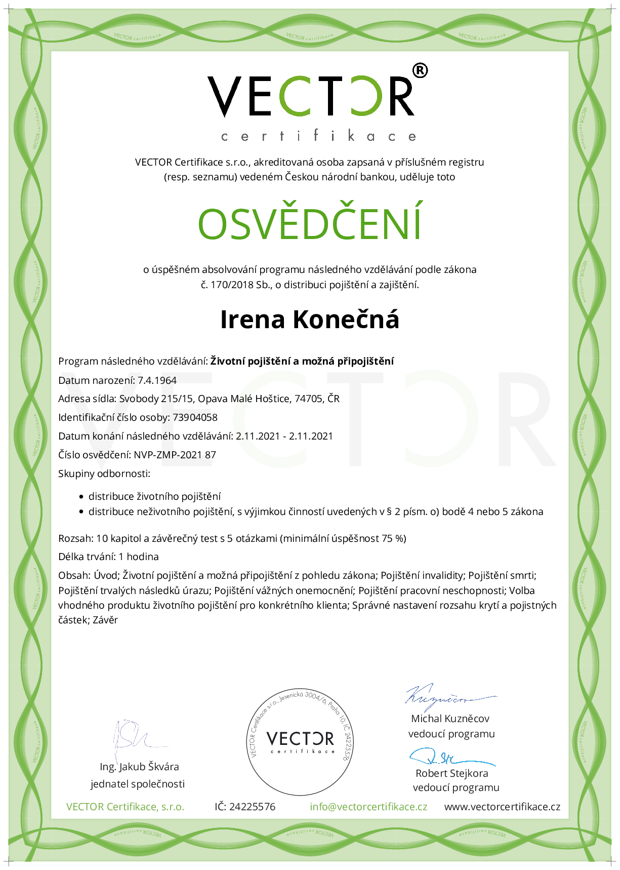 Osvědčení kurzu: Životní pojištění a možná připojištění (NVP-ZMP-2021)