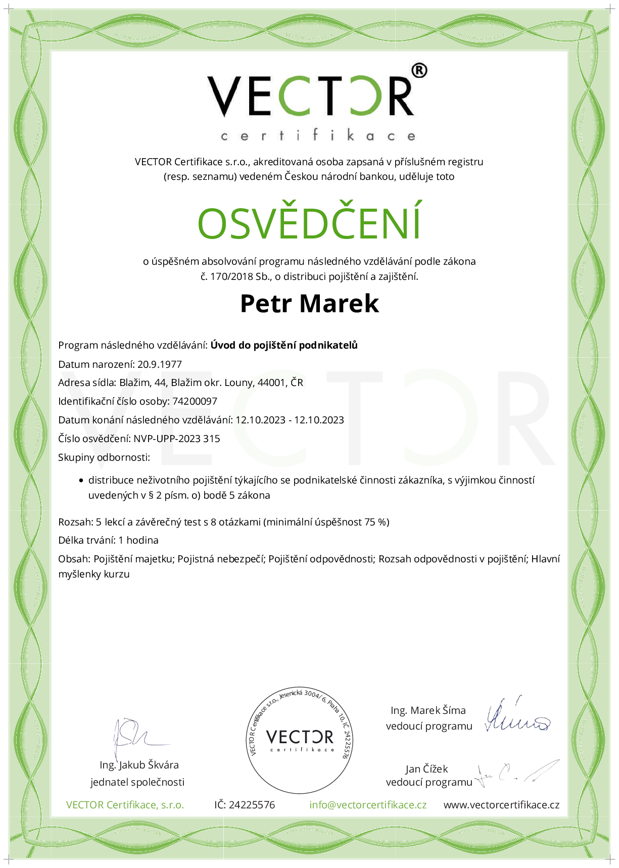 Osvědčení kurzu: Úvod do pojištění podnikatelů (NVP-UPP-2023)