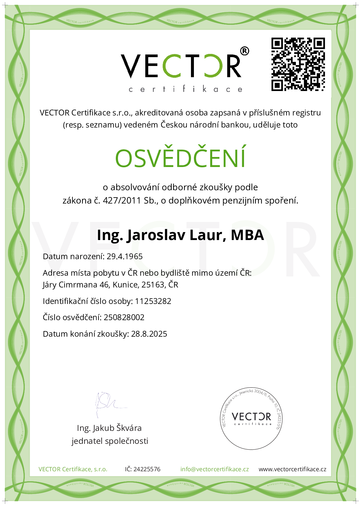 Osvědčení ze zkoušky: DPS - Doplňkové penzijní spoření