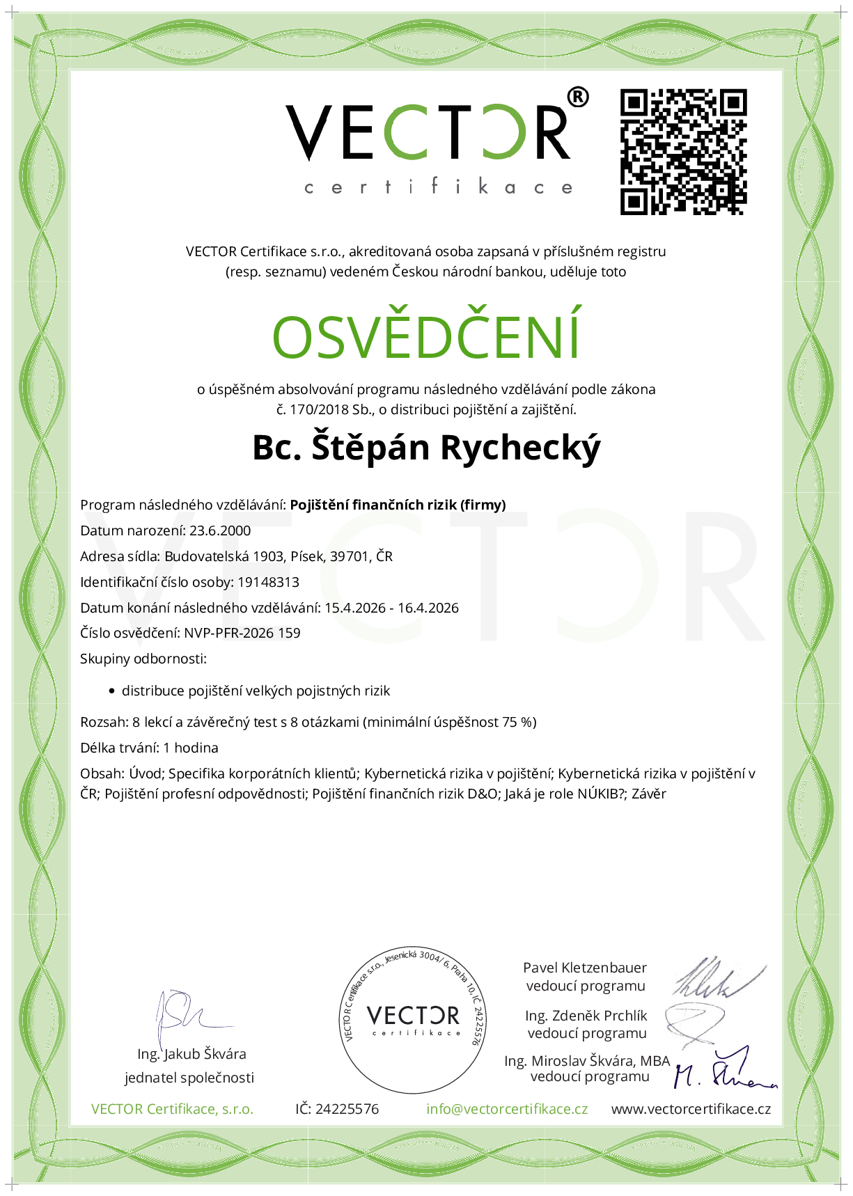 Osvědčení kurzu: Pojištění finančních rizik (firmy) (NVP-PFR-2026)