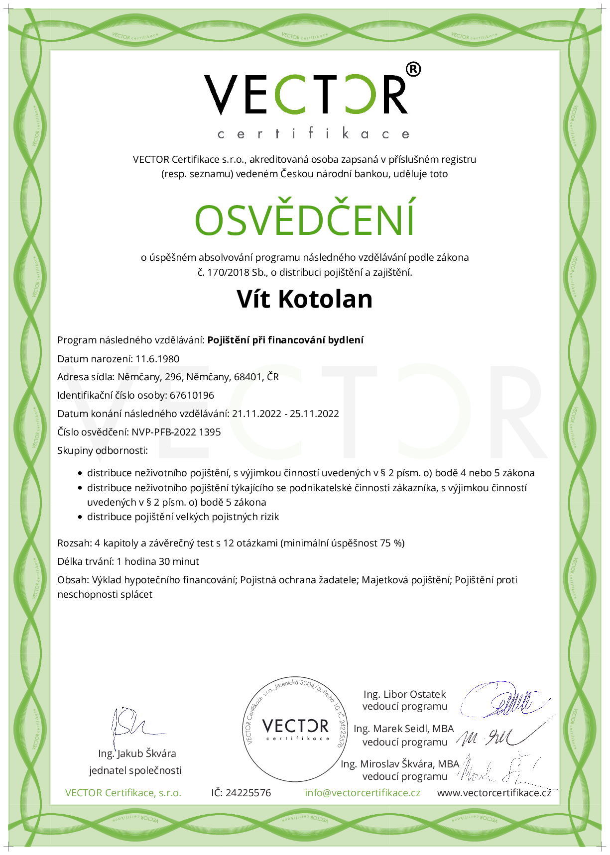 Osvědčení kurzu: Pojištění při financování bydlení (NVP-PFB-2022)