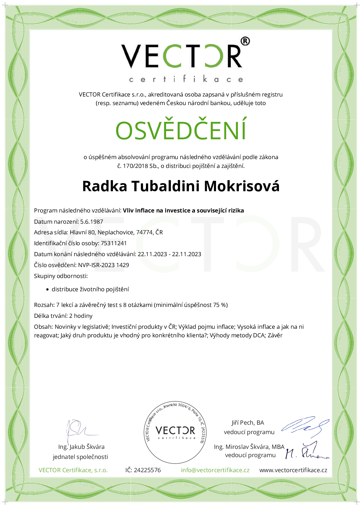 Osvědčení kurzu: Vliv inflace na investice a související rizika (NVP-ISR-2023)