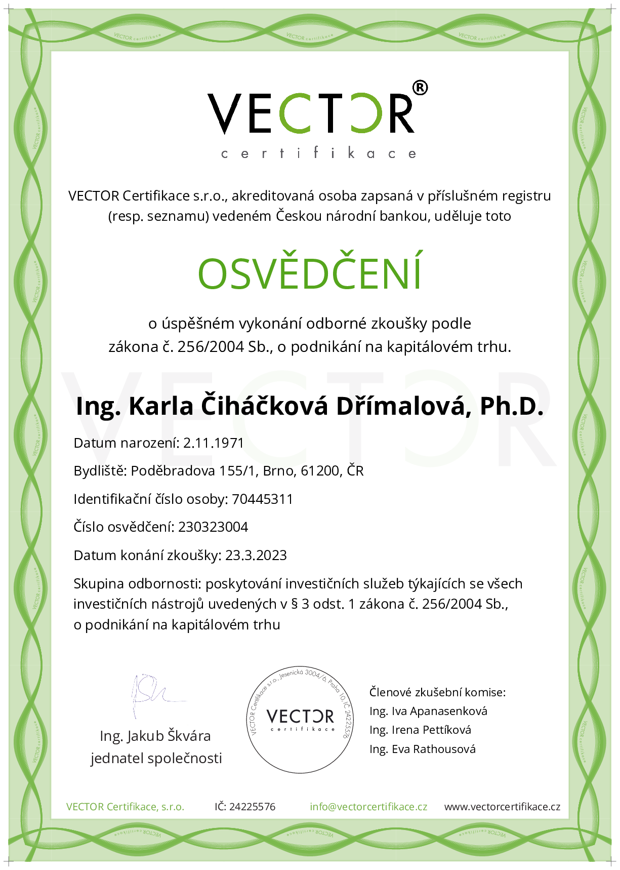 Osvědčení ze zkoušky: II. INV-ABC - Souhrnná zkouška pro všechny investiční nástroje