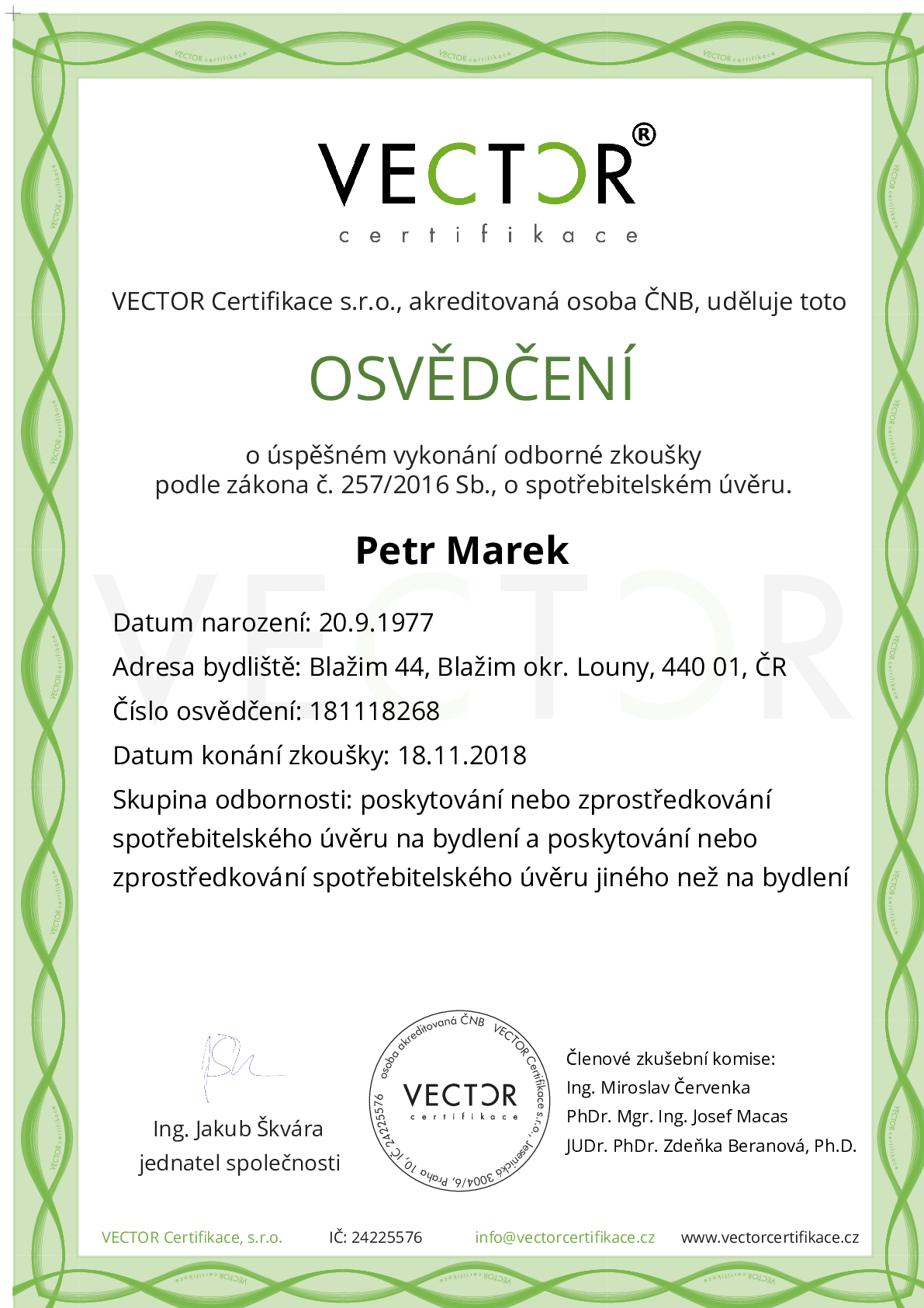 Osvědčení ze zkoušky: IV. ZSU-ABC - Souhrnná zkouška na úvěry