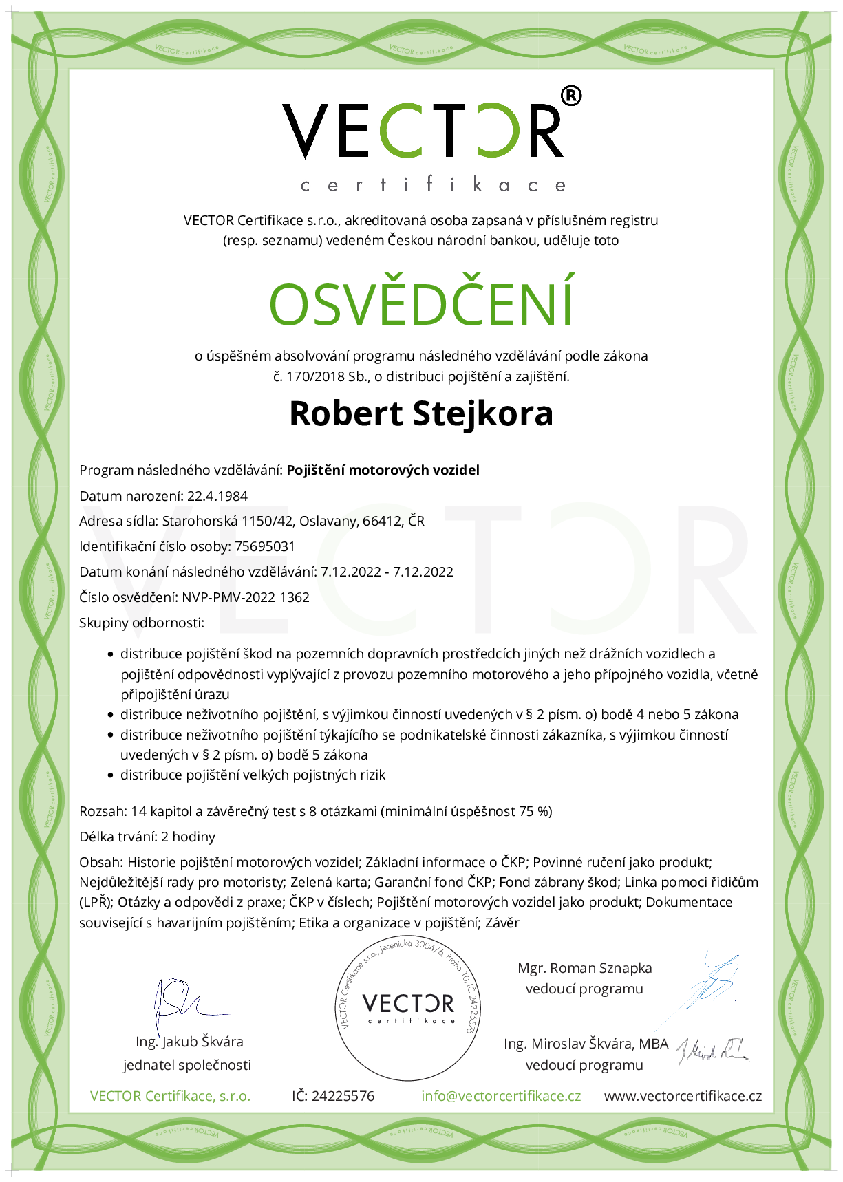 Osvědčení kurzu: Pojištění motorových vozidel (NVP-PMV-2022)