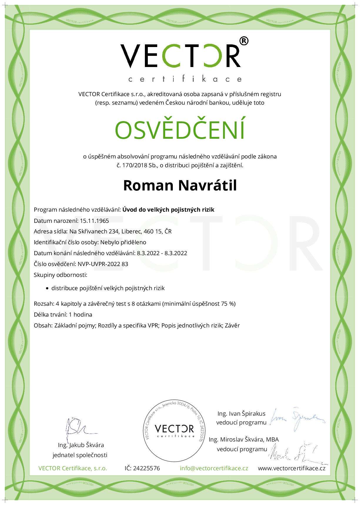 Osvědčení kurzu: Úvod do velkých pojistných rizik (NVP-UVPR-2022)