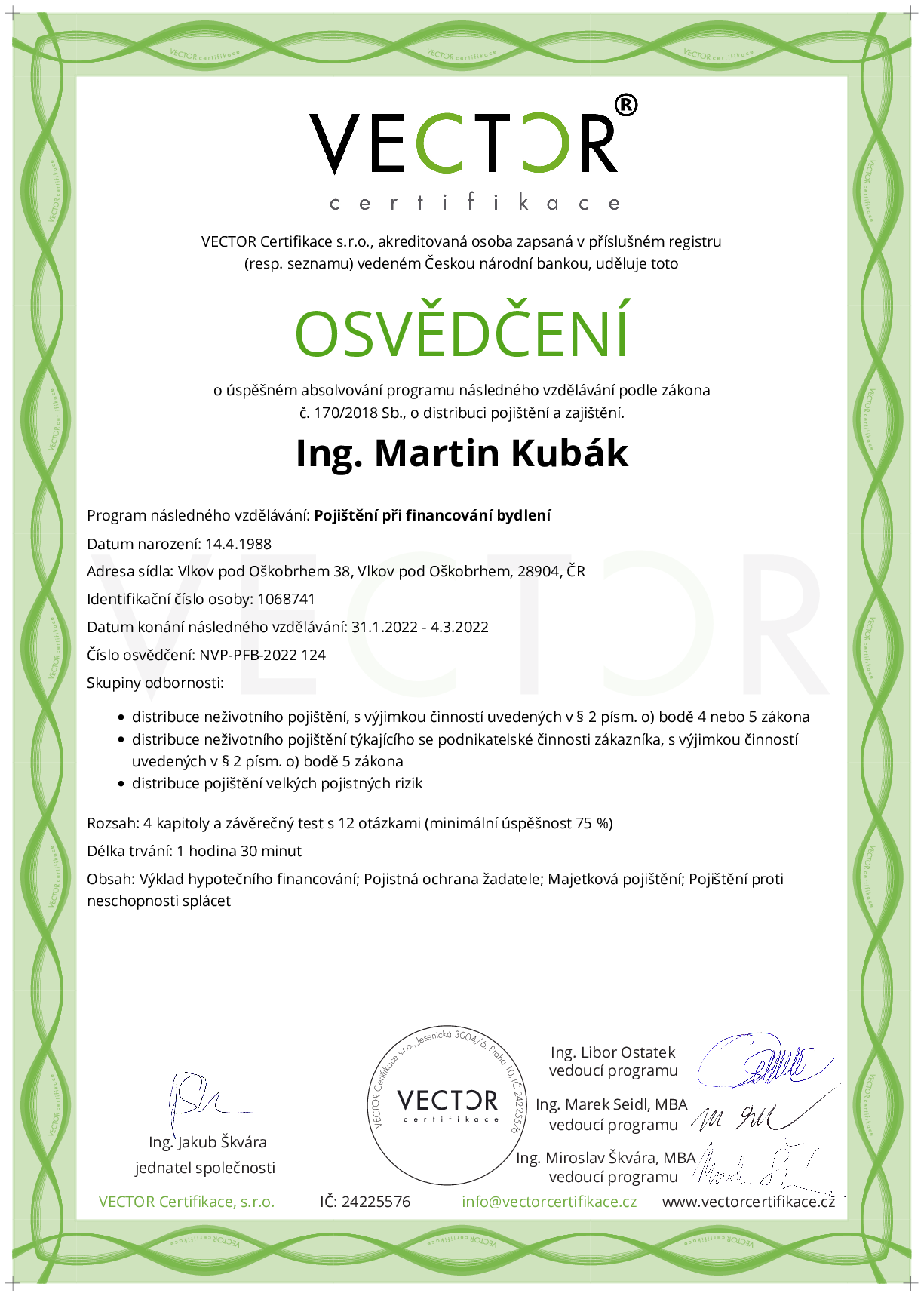 Osvědčení kurzu: Pojištění při financování bydlení (NVP-PFB-2022)