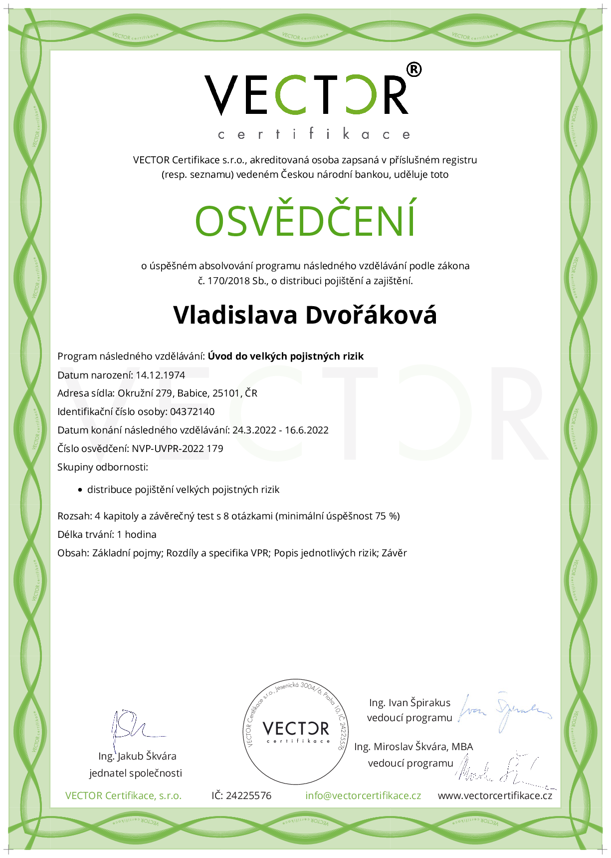 Osvědčení kurzu: Úvod do velkých pojistných rizik (NVP-UVPR-2022)