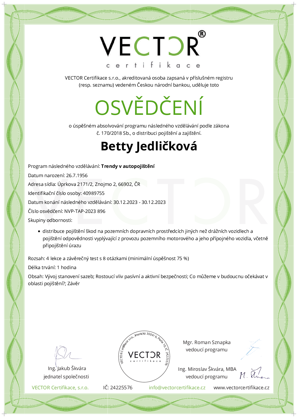 Osvědčení kurzu: Trendy v autopojištění (NVP-TAP-2023)