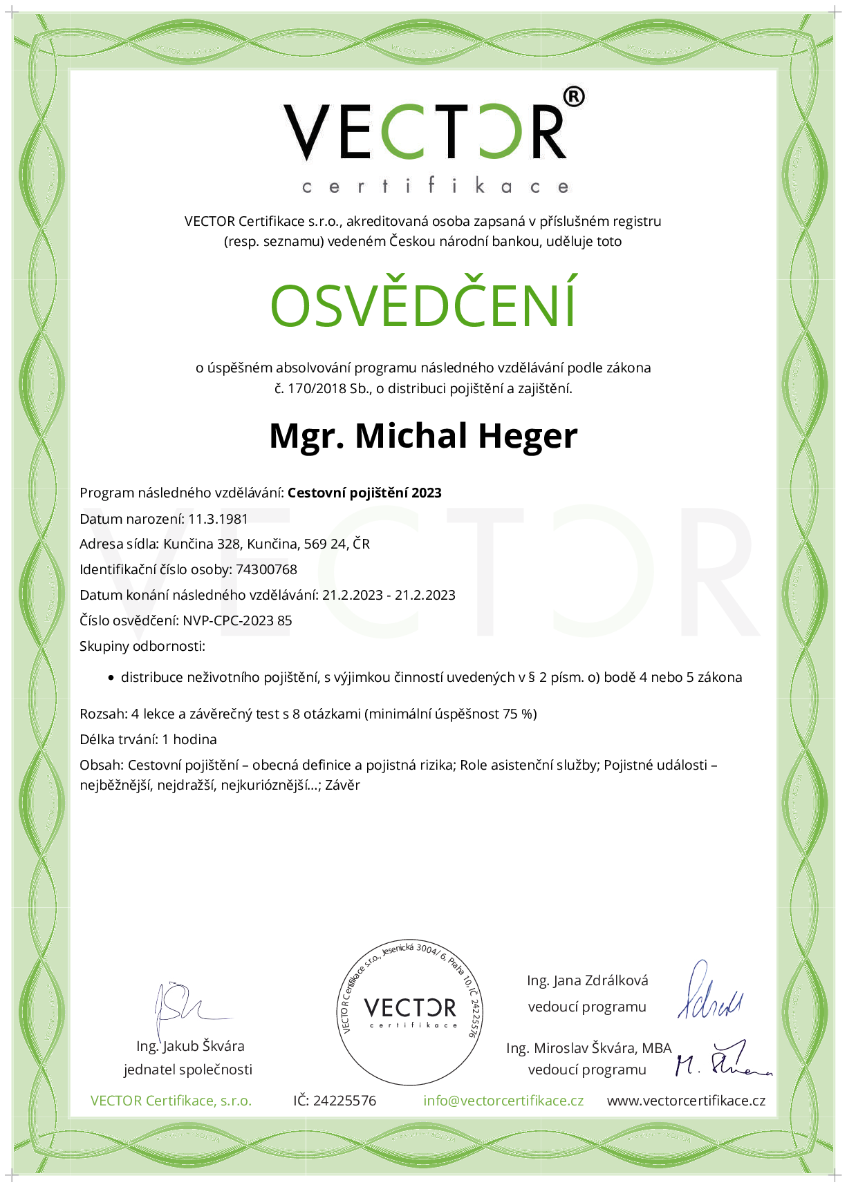 Osvědčení kurzu: Cestovní pojištění 2023 (NVP-CPC-2023)