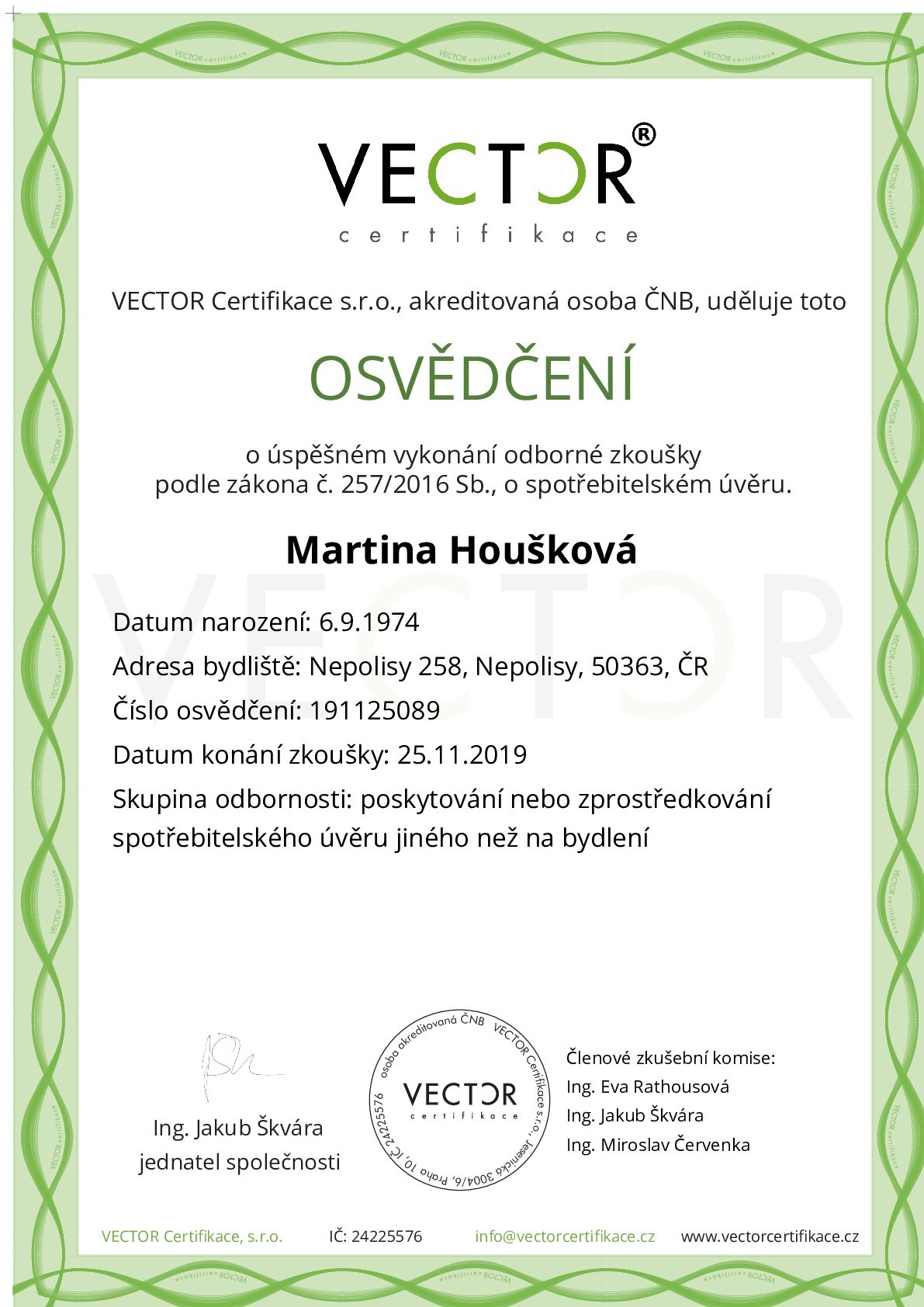 Osvědčení ze zkoušky: I. ZSU-JNB - Úvěr jiný než na bydlení