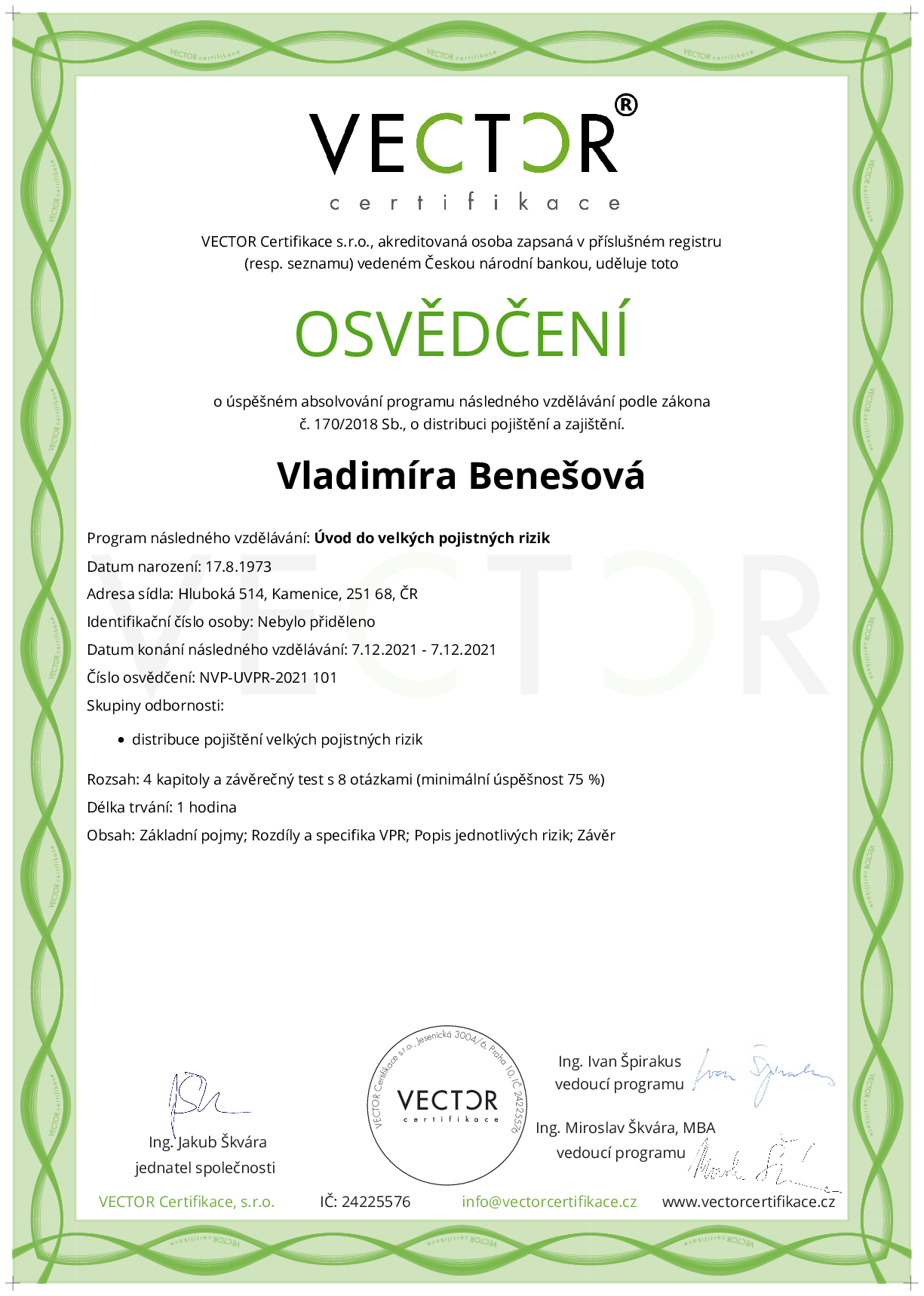 Osvědčení kurzu: Úvod do velkých pojistných rizik (NVP-UVPR-2021)
