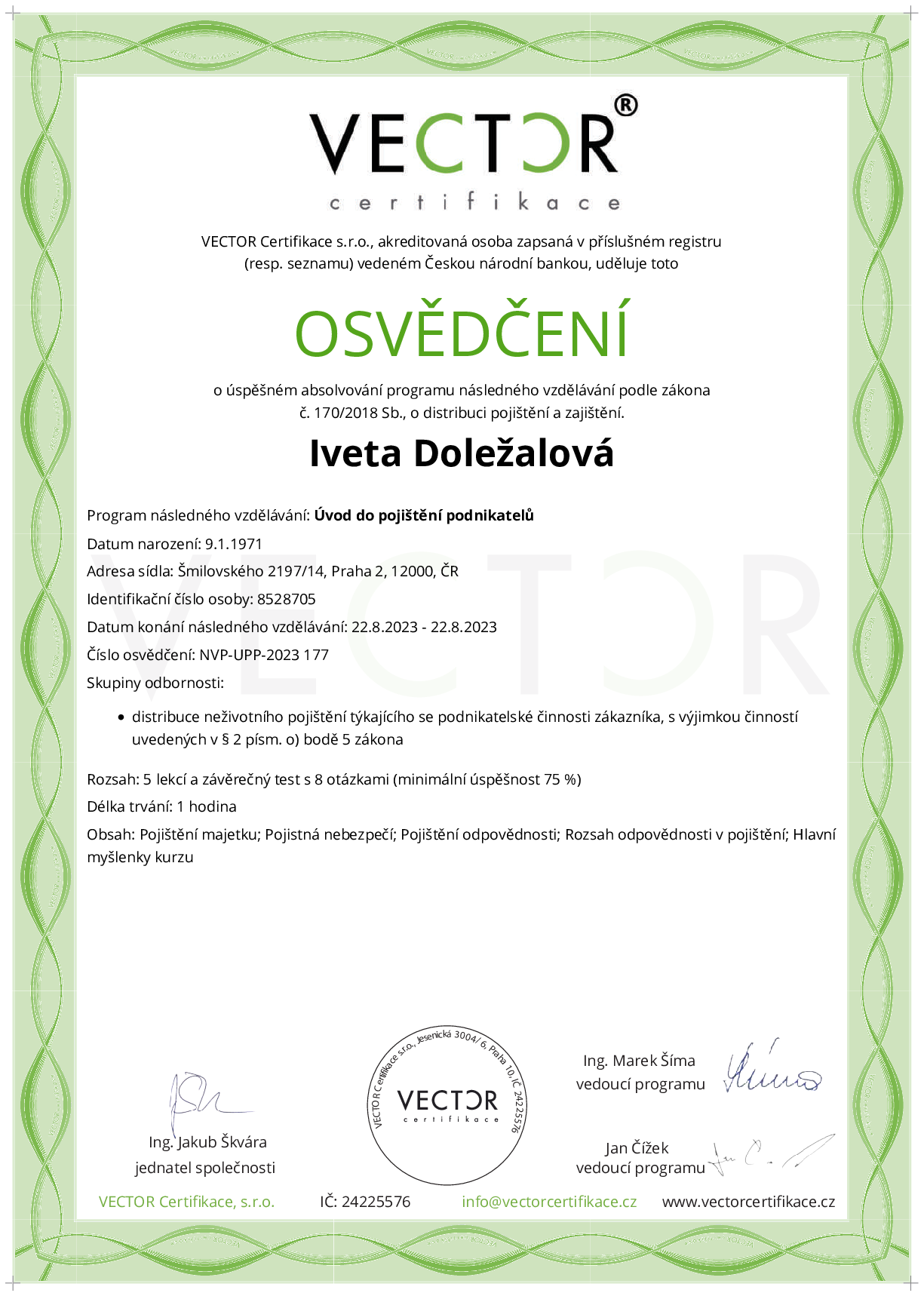 Osvědčení kurzu: Úvod do pojištění podnikatelů (NVP-UPP-2023)