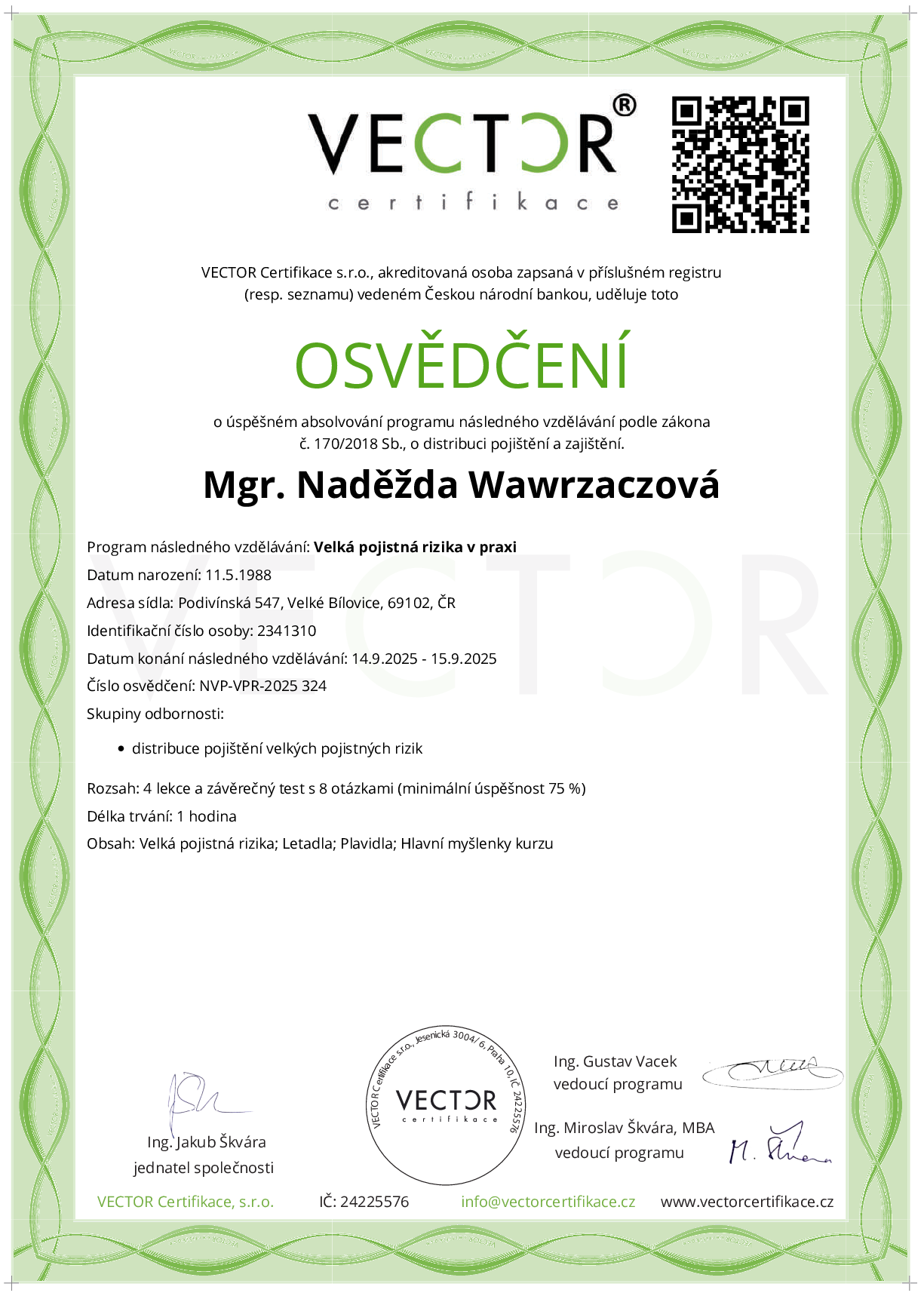 Osvědčení kurzu: Velká pojistná rizika v praxi (NVP-VPR-2025)