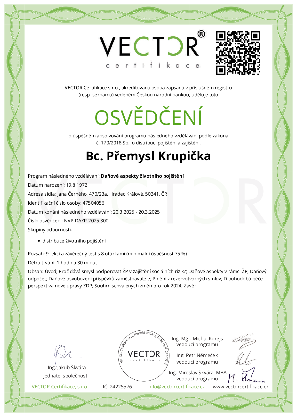 Osvědčení kurzu: Daňové aspekty životního pojištění (NVP-DAZP-2025)