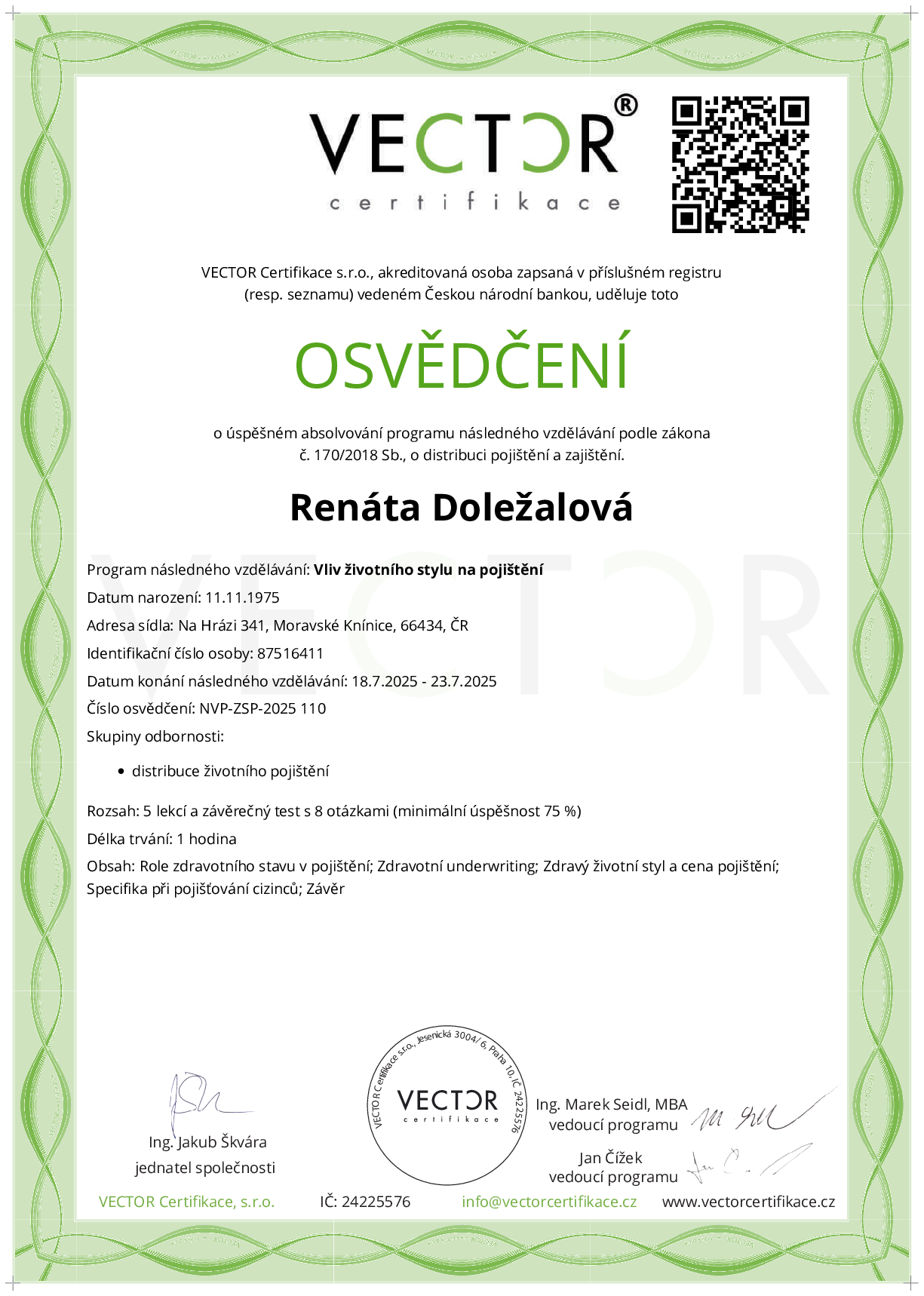 Osvědčení kurzu: Vliv životního stylu na pojištění (NVP-ZSP-2025)