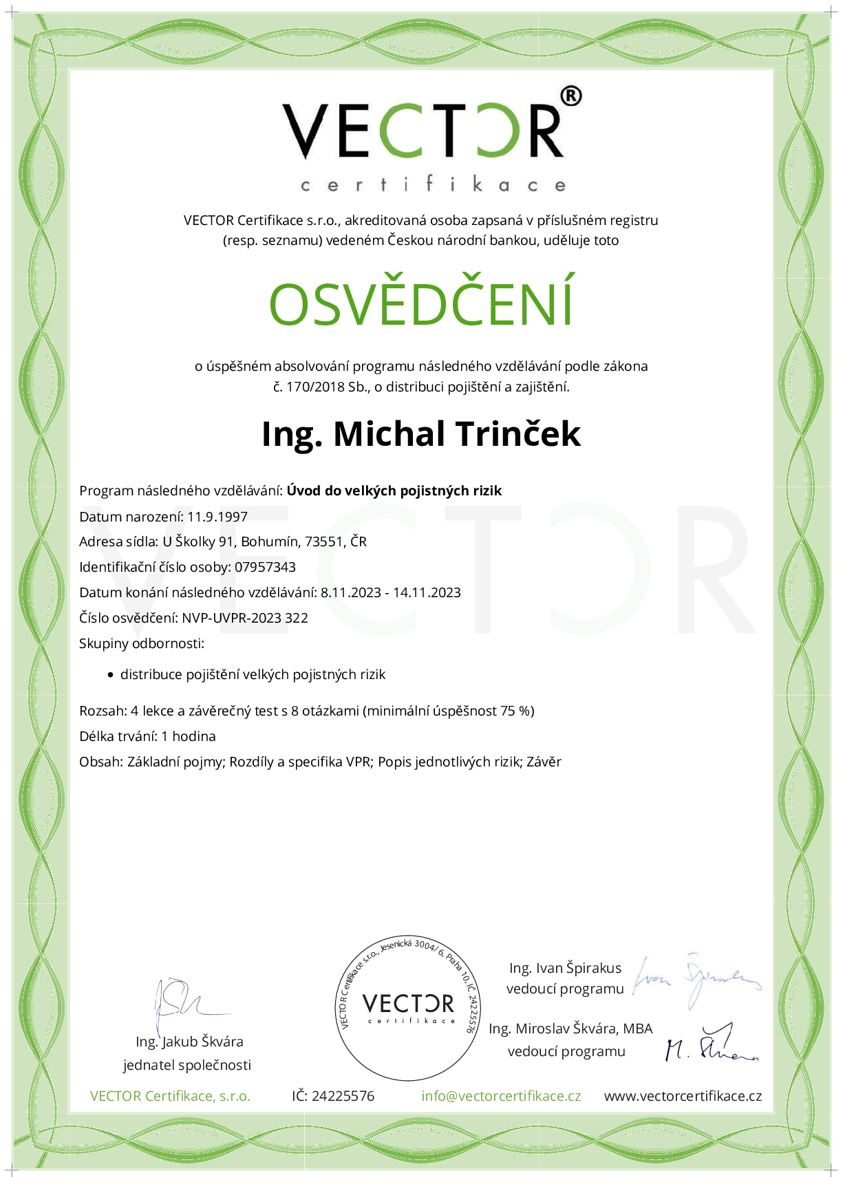 Osvědčení kurzu: Úvod do velkých pojistných rizik (NVP-UVPR-2023)