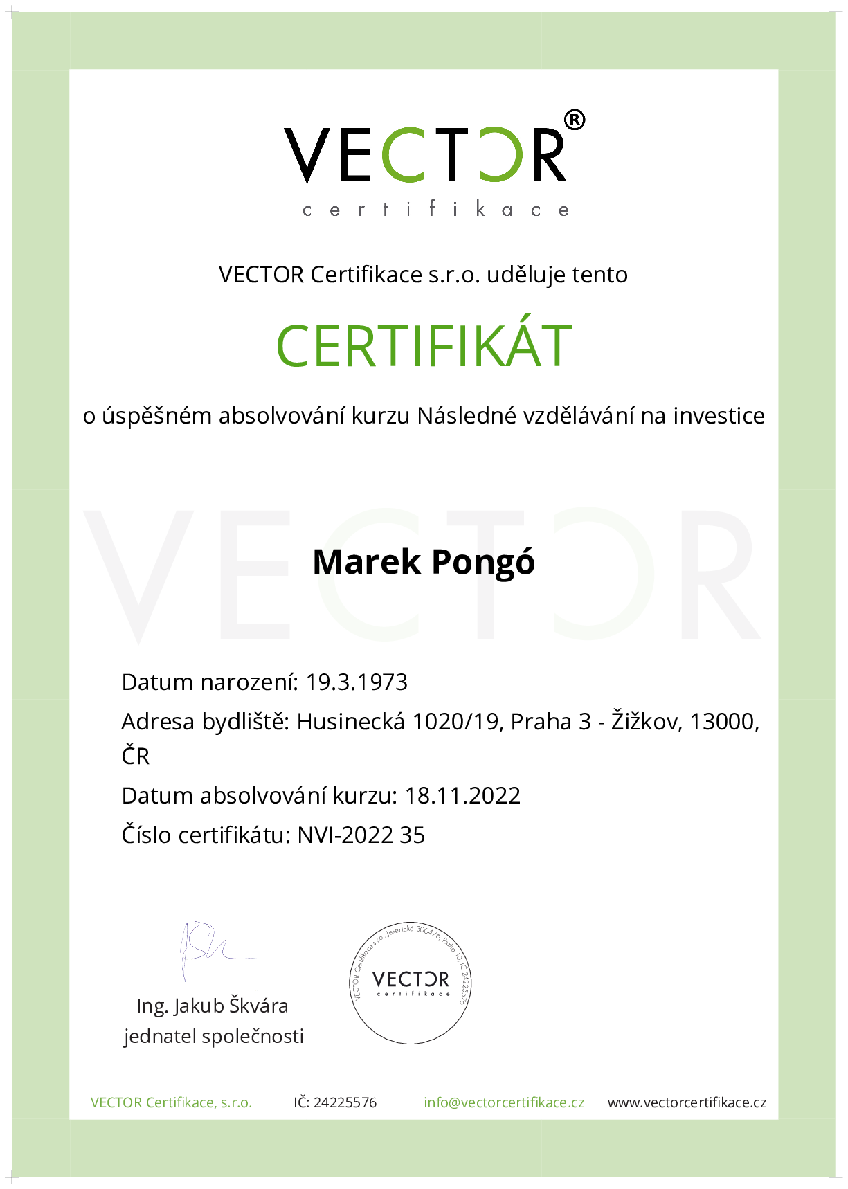 Osvědčení kurzu: Následné vzdělávání na investice (NVI-2022)