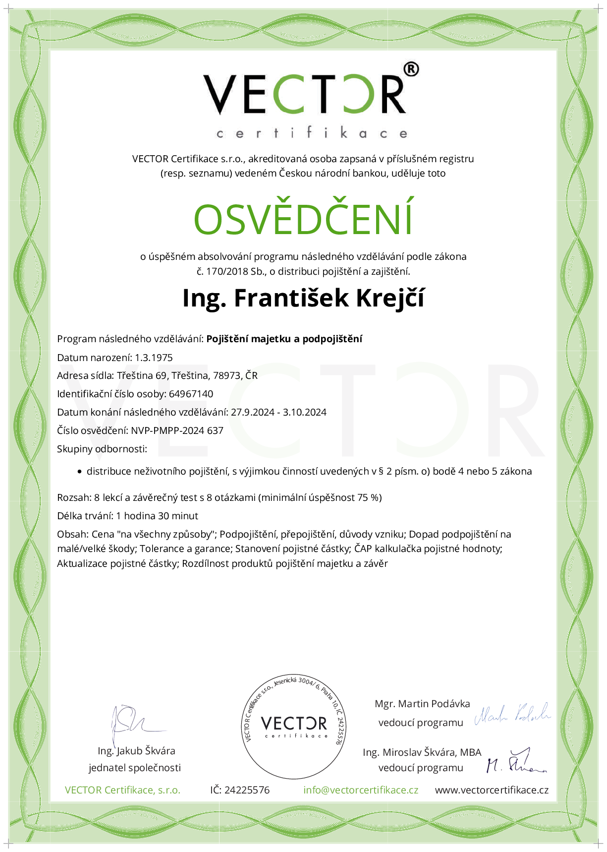 Osvědčení kurzu: Pojištění majetku a podpojištění (NVP-PMPP-2024)