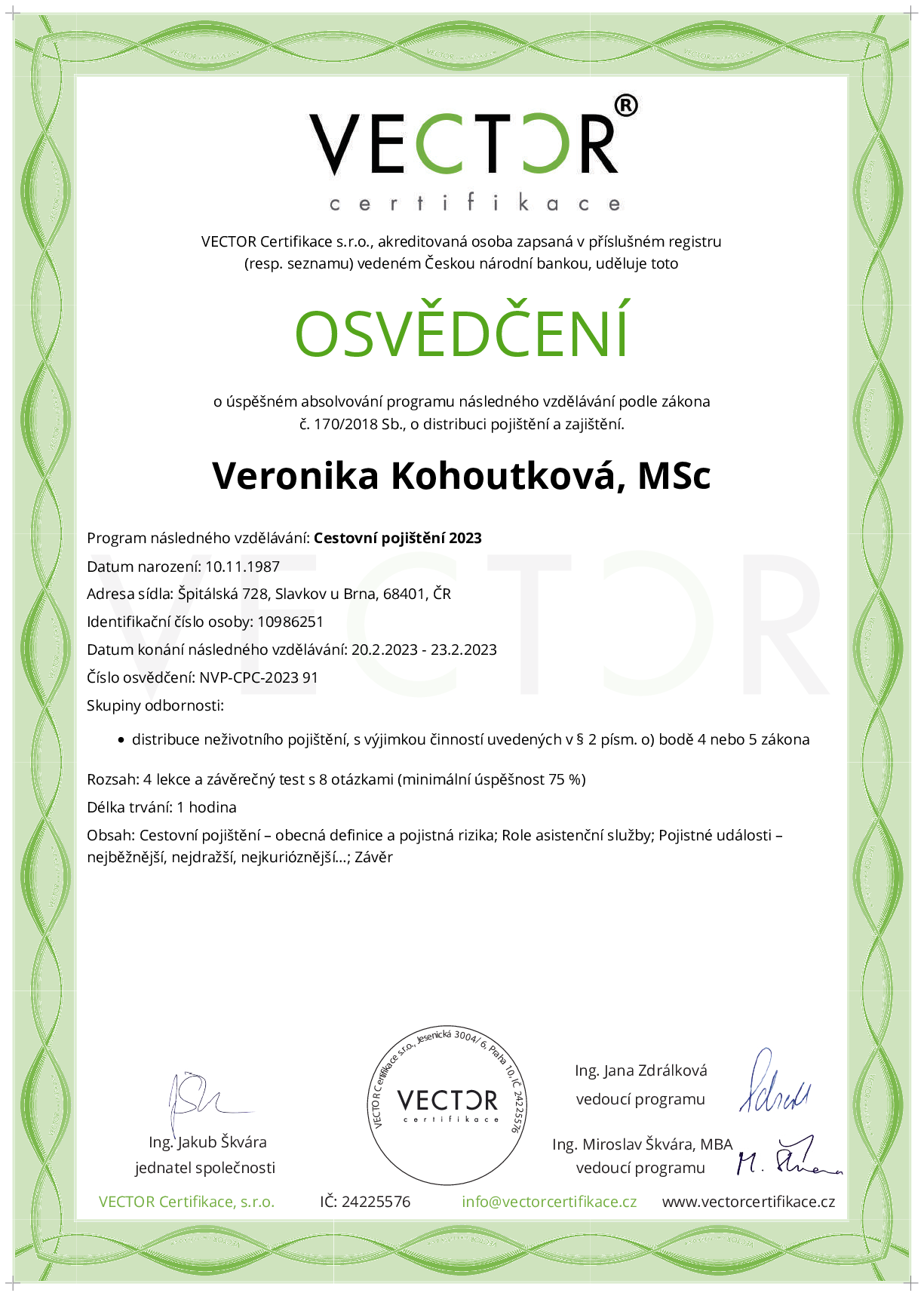Osvědčení kurzu: Cestovní pojištění 2023 (NVP-CPC-2023)