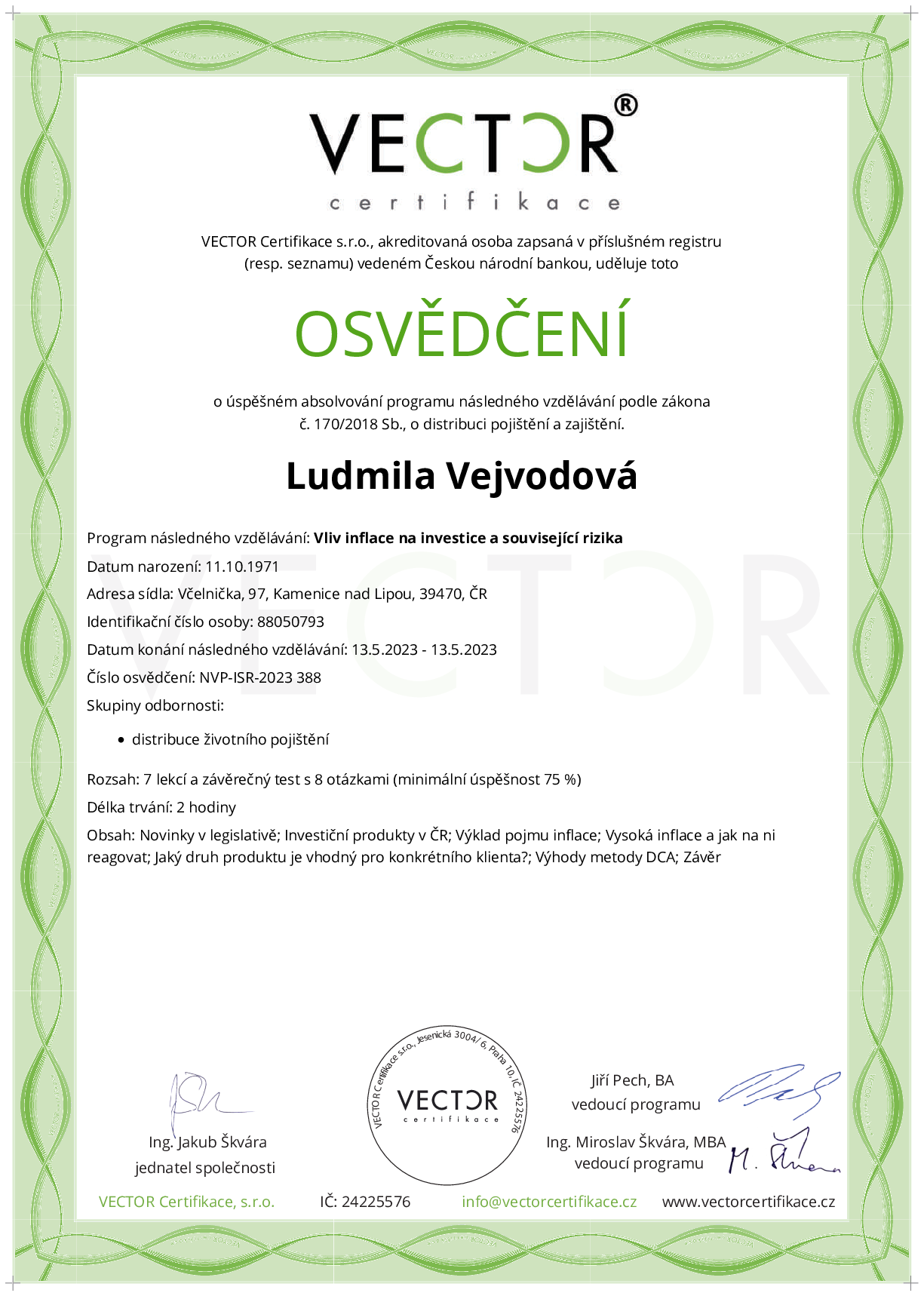 Osvědčení kurzu: Vliv inflace na investice a související rizika (NVP-ISR-2023)
